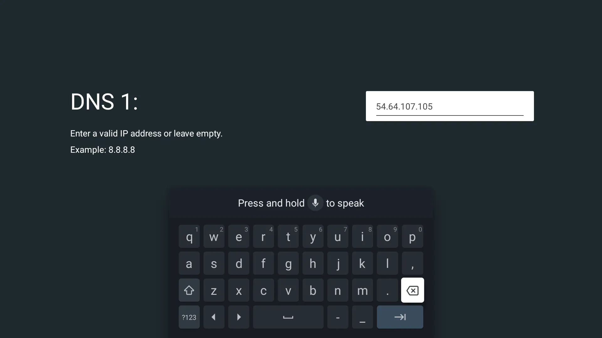 Giao diện cài đặt DNS tĩnh trên Smart TV, minh họa cách nhập địa chỉ Smart DNS Proxy.