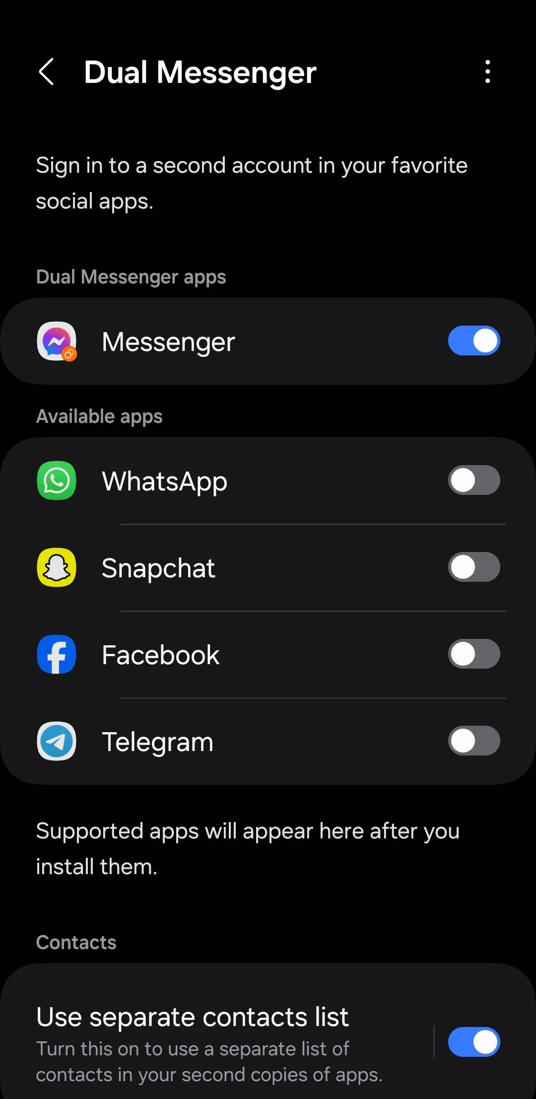 Giao diện cài đặt Dual Messenger trên Samsung Galaxy cho phép nhân bản ứng dụng nhắn tin