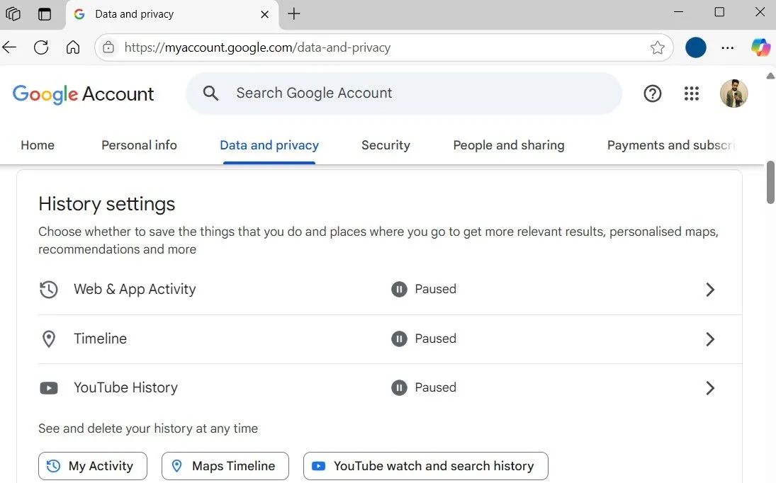 Giao diện cài đặt lịch sử tài khoản Google trên trình duyệt web