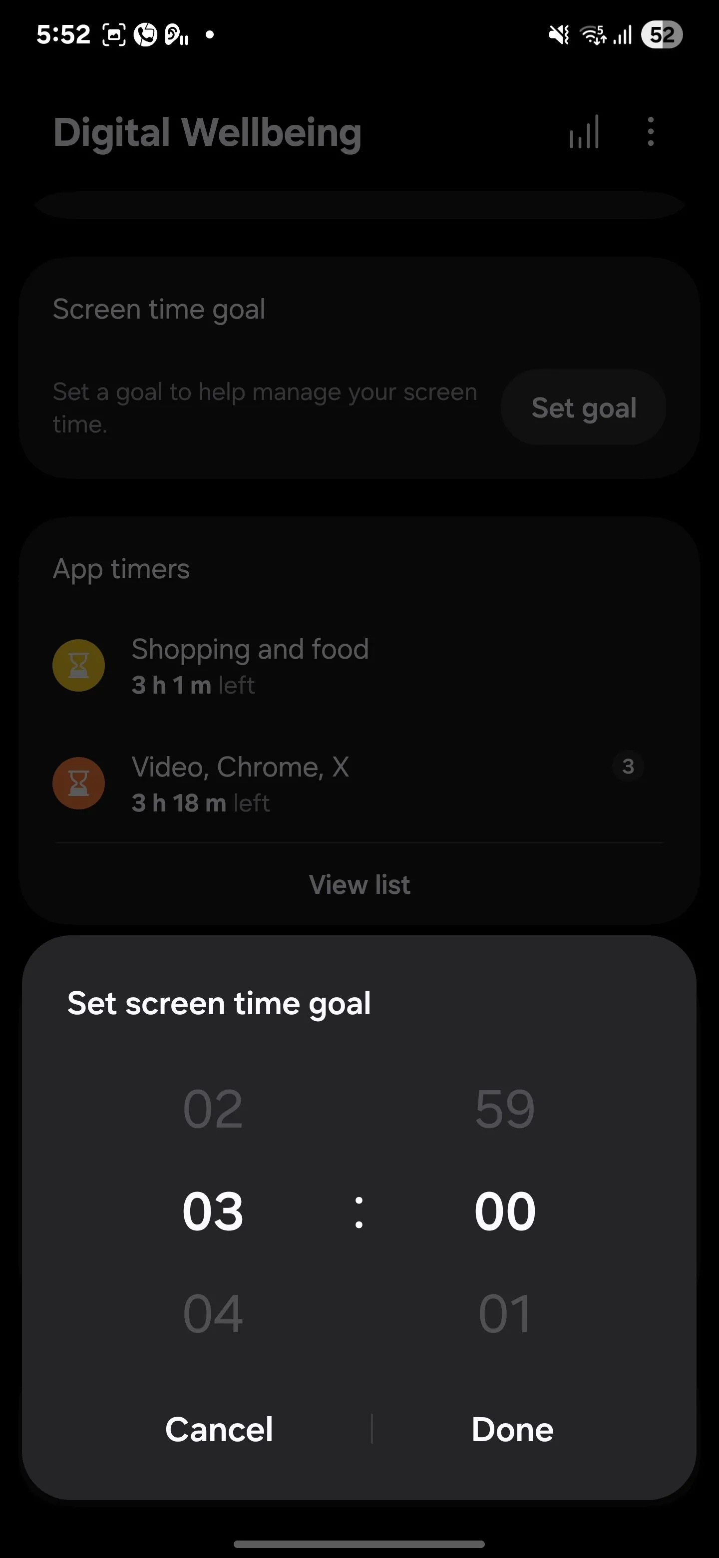 Giao diện cài đặt mục tiêu thời gian sử dụng màn hình hàng ngày trên Digital Wellbeing Samsung.