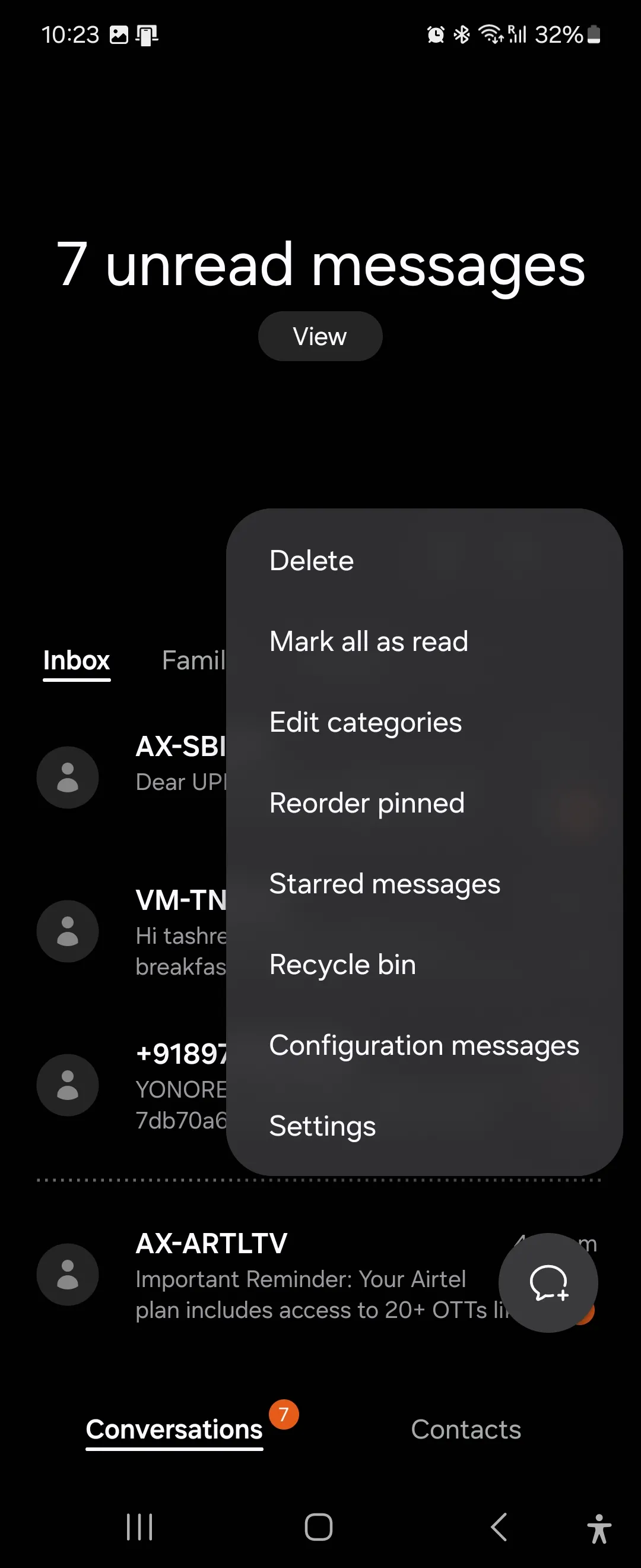 Giao diện cài đặt nâng cao của ứng dụng Tin nhắn Samsung hiển thị các tùy chọn quản lý