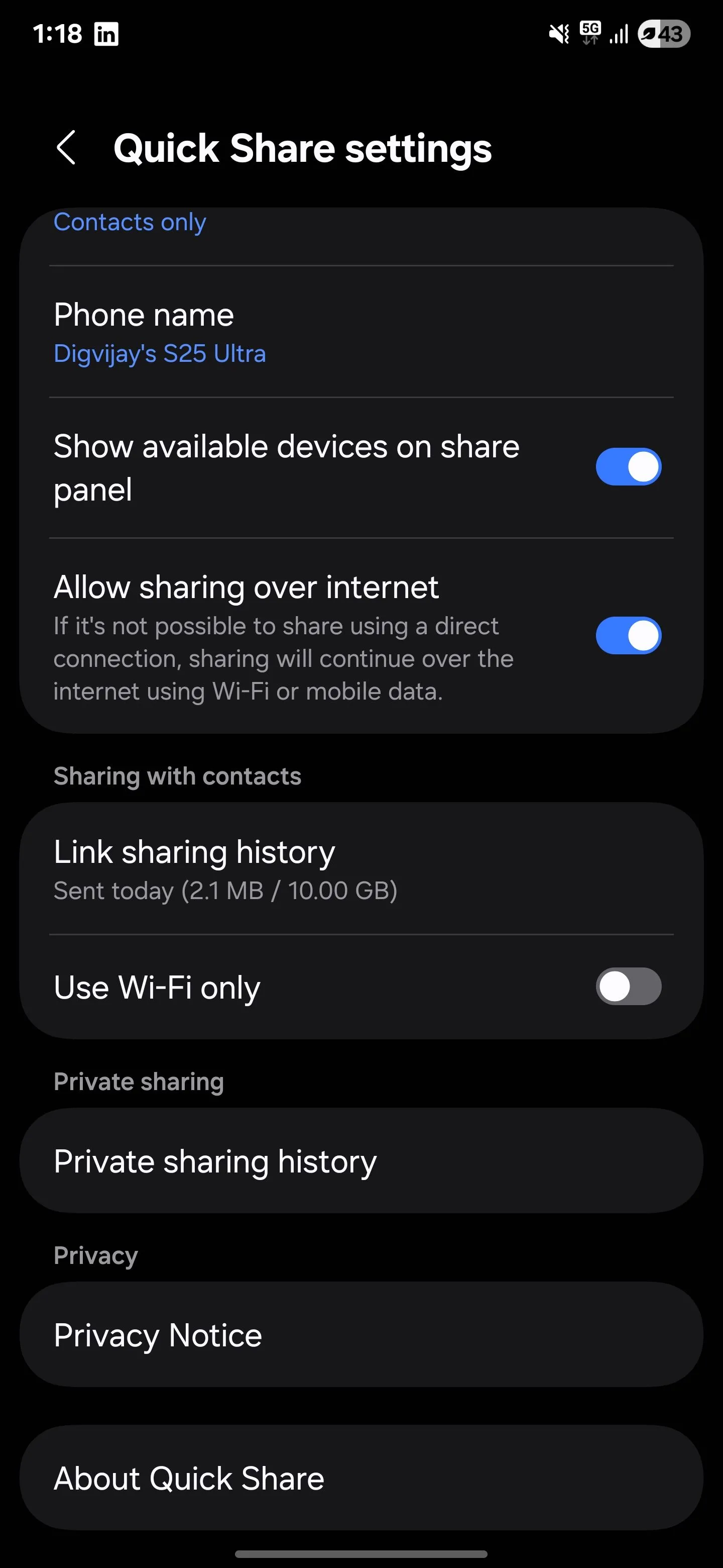 Giao diện cài đặt Quick Share trên điện thoại Samsung, hiển thị các tùy chọn chia sẻ file