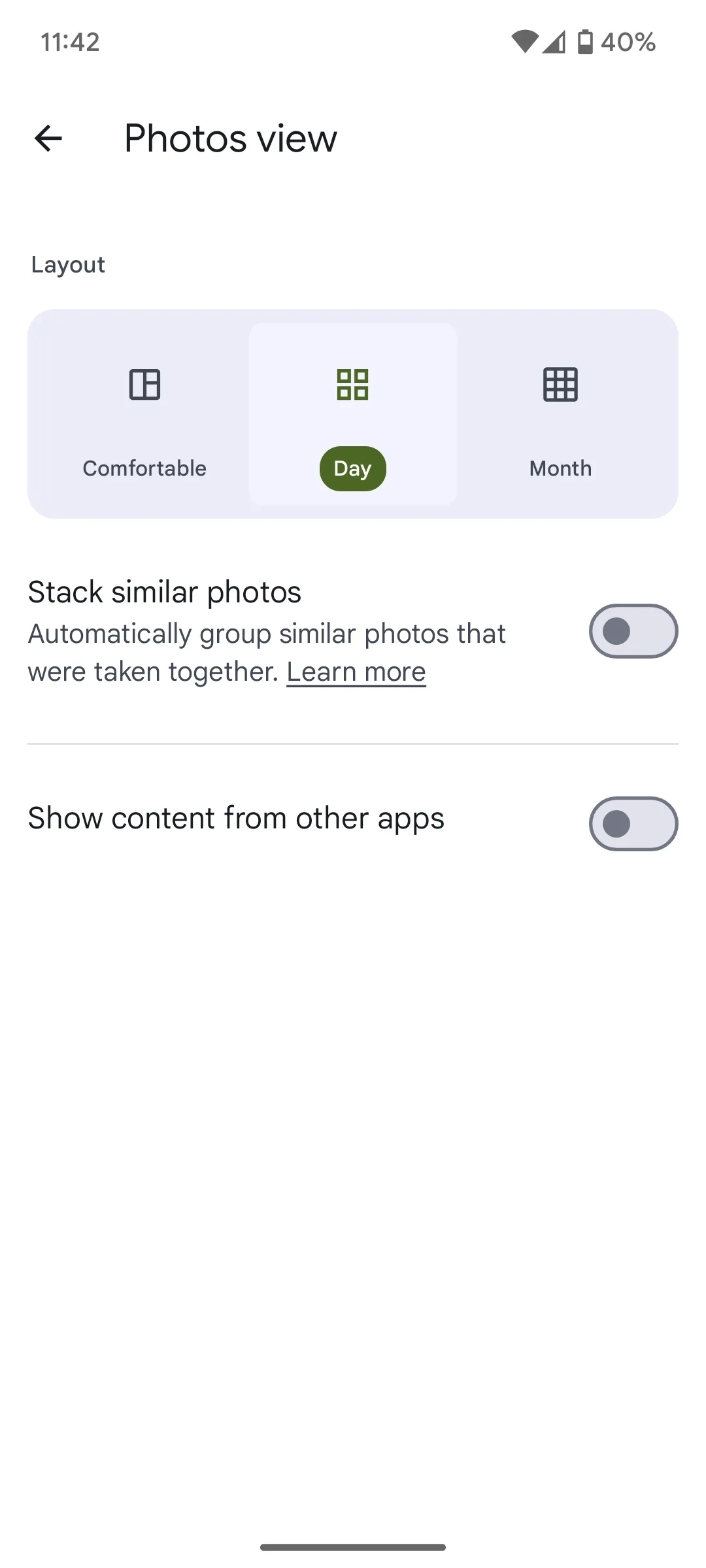 Giao diện cài đặt tính năng ẩn ảnh rác và nội dung từ các ứng dụng khác trong Google Photos