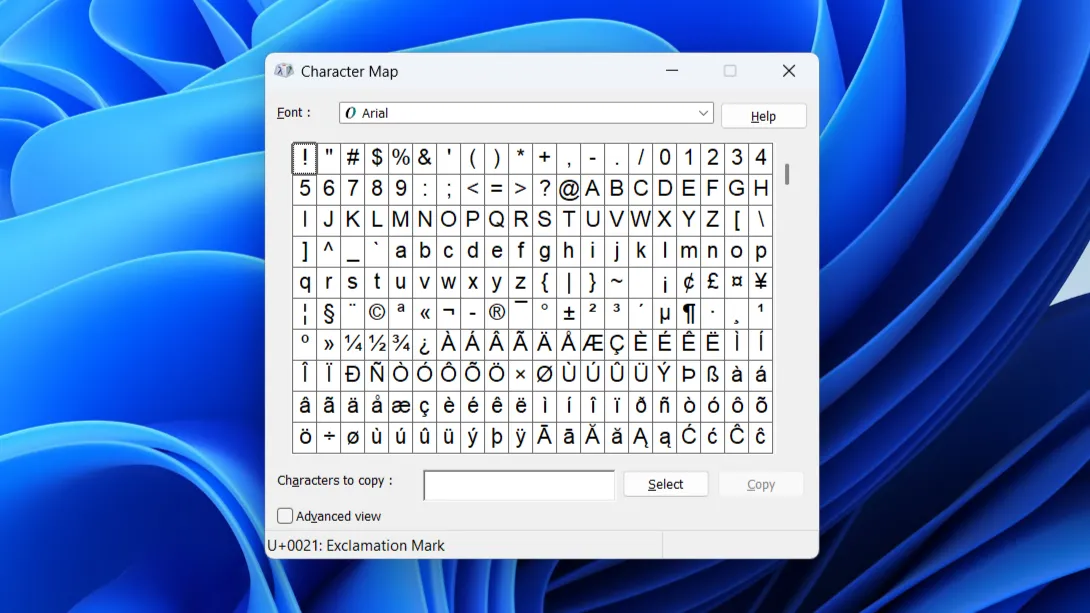 Giao diện Character Map trên Windows 11