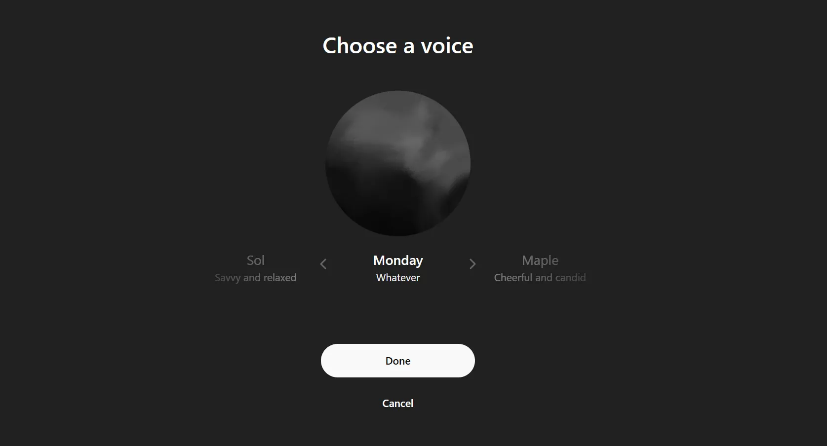 Giao diện ChatGPT hiển thị tính năng Monday Voice với biểu tượng tai nghe và cuộc trò chuyện.