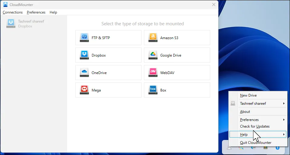 Giao diện chính CloudMounter trên Windows 11, hiển thị các tùy chọn kết nối ổ đĩa đám mây.