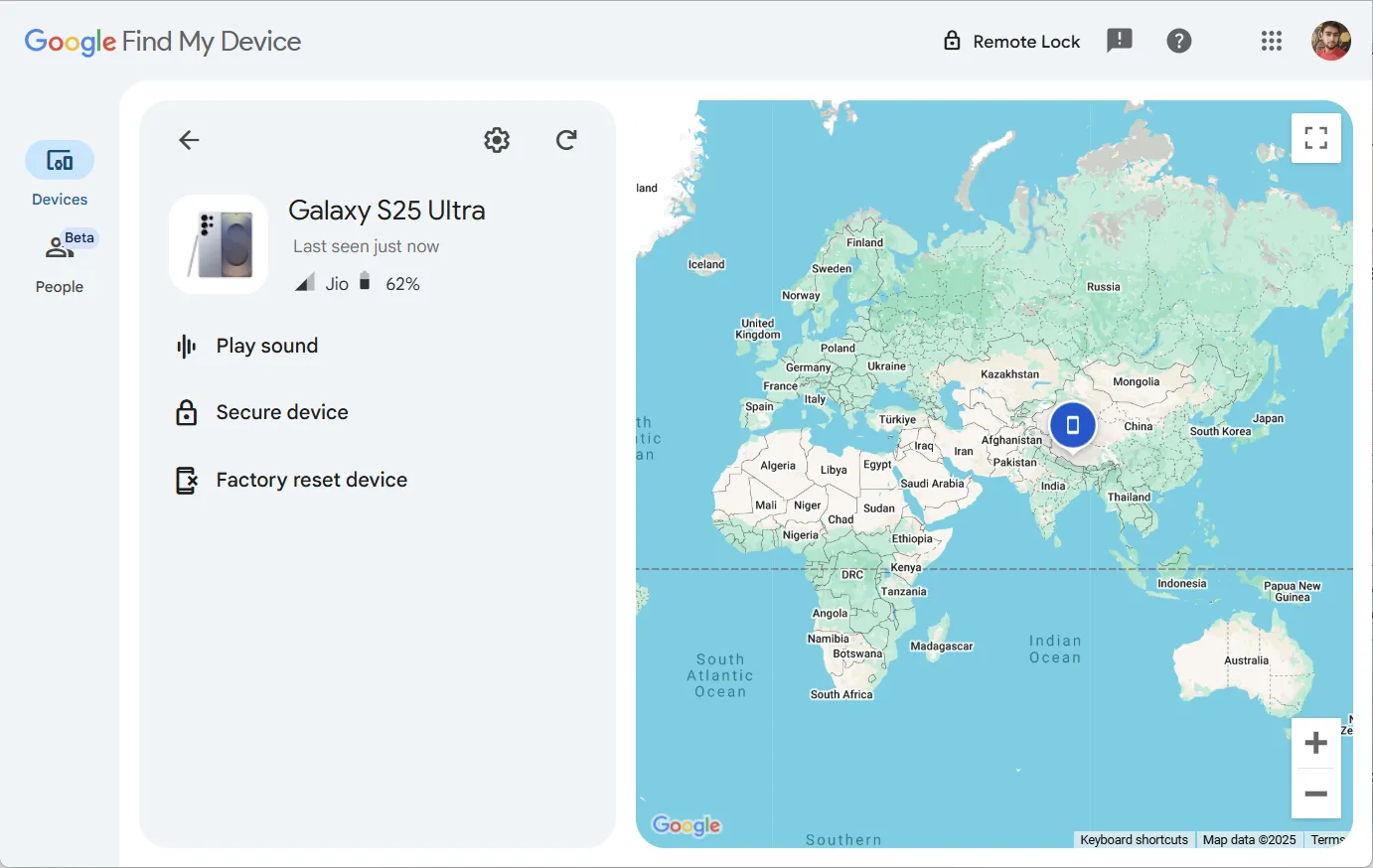 Giao diện chính của Google Tìm thiết bị của tôi