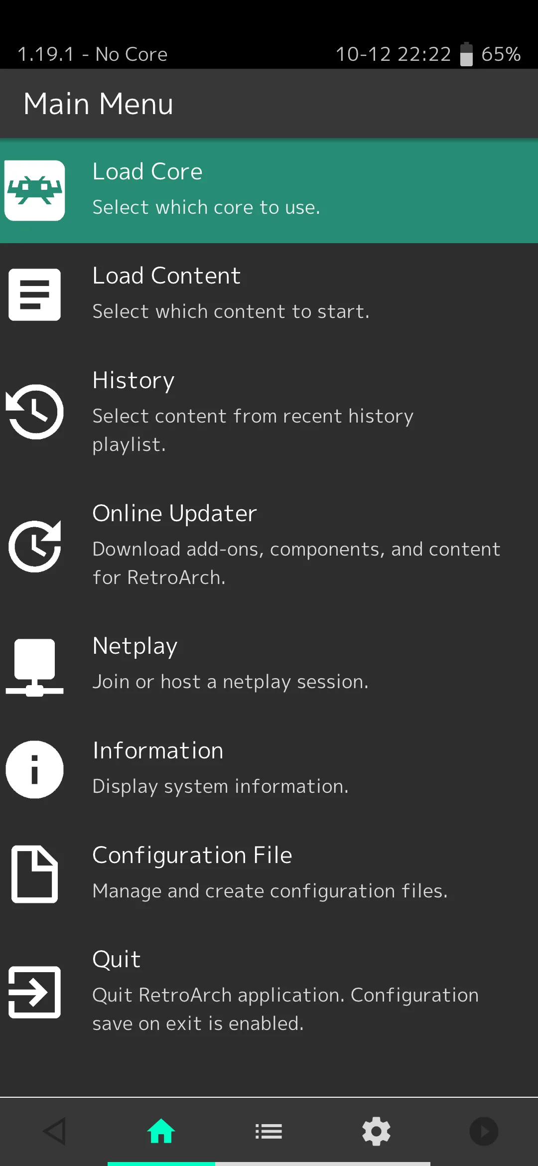 Giao diện chính của ứng dụng giả lập RetroArch trên điện thoại Android