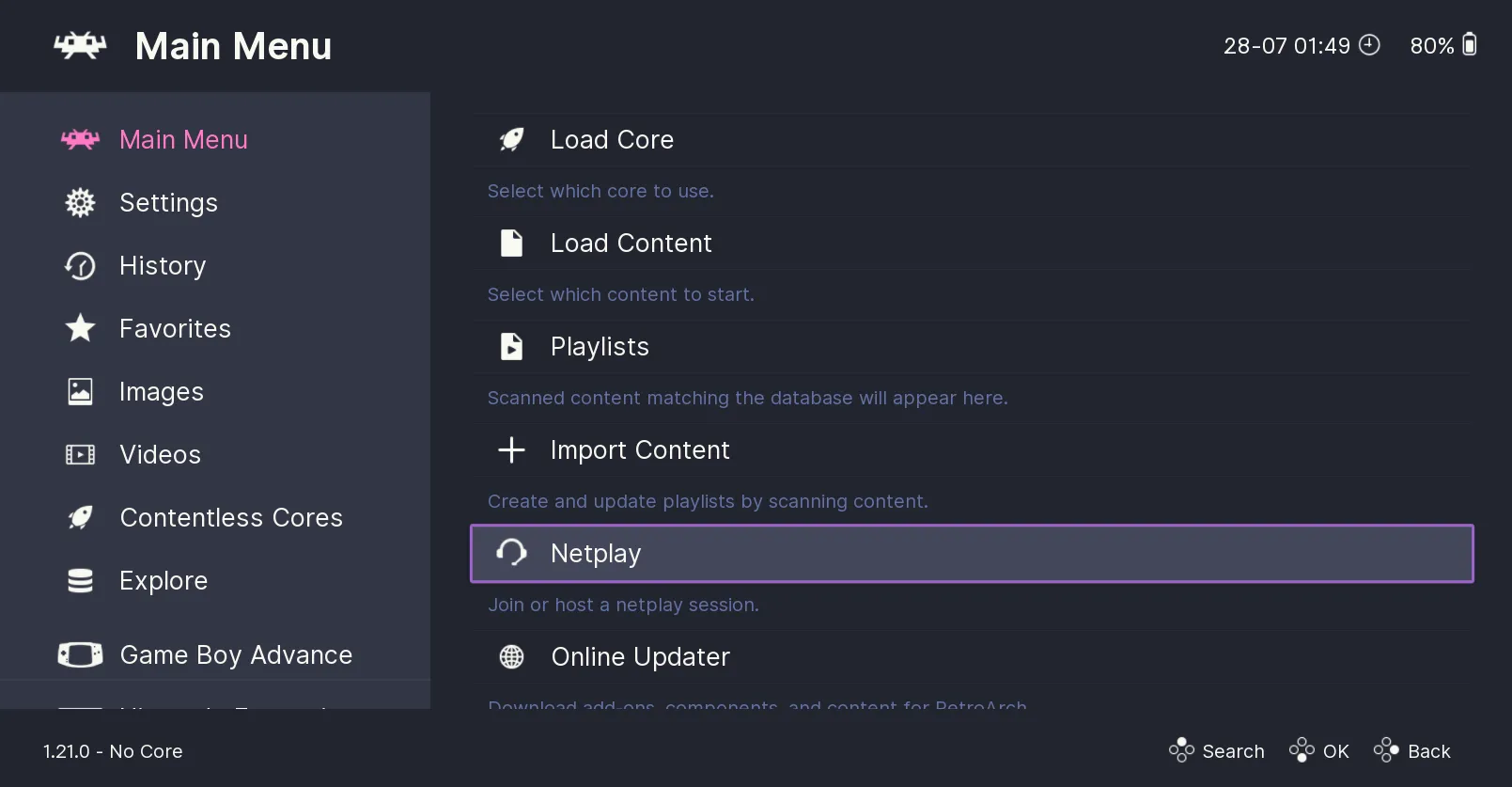 Giao diện chính RetroArch với các tùy chọn như Load Core, Load Content