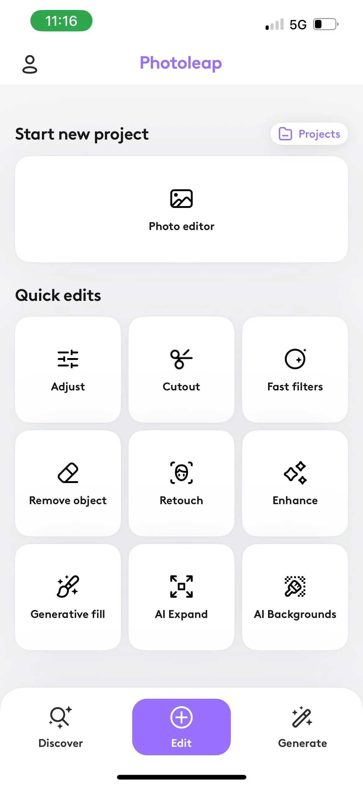 Giao diện chỉnh sửa ảnh chi tiết của Photoleap với các công cụ được sắp xếp khoa học.
