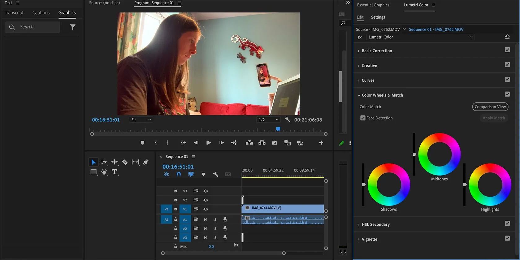Giao diện chỉnh sửa màu sắc trong Adobe Premiere Pro