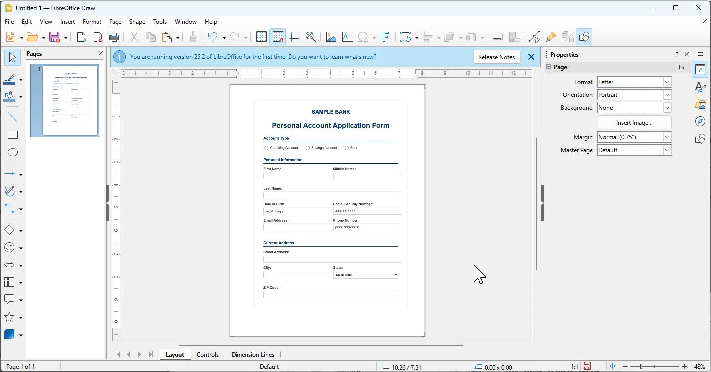 Giao diện chỉnh sửa PDF của LibreOffice Draw với các công cụ đồ họa và văn bản