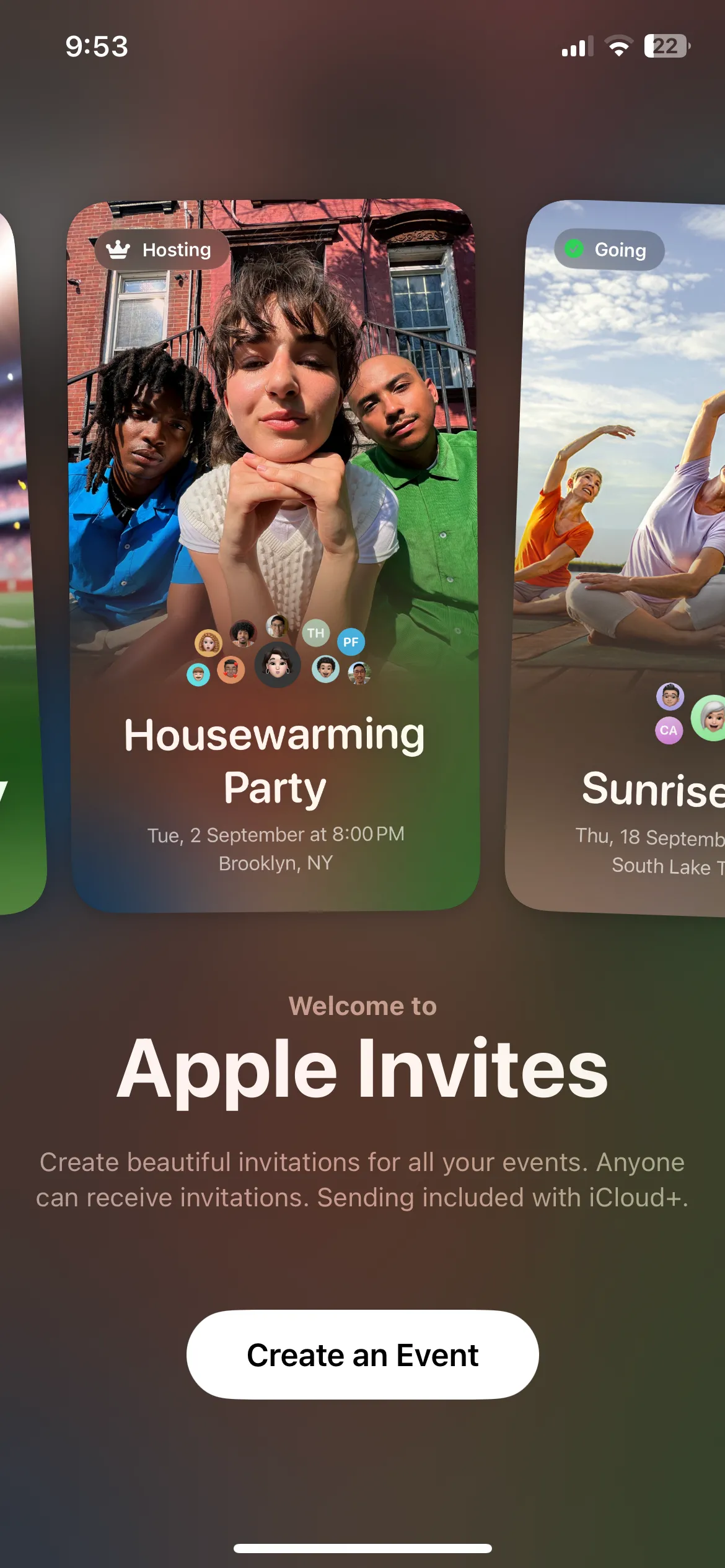 Giao diện chính ứng dụng Apple Invites trên iPhone, hiển thị các thiệp mời đã tạo và tùy chọn tạo mới.
