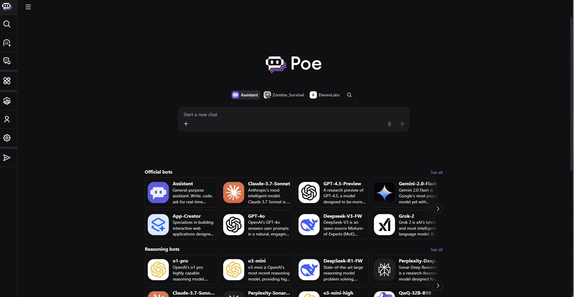 Giao diện chính ứng dụng Poe trên máy tính, thể hiện các tùy chọn chatbot AI và khu vực trò chuyện.