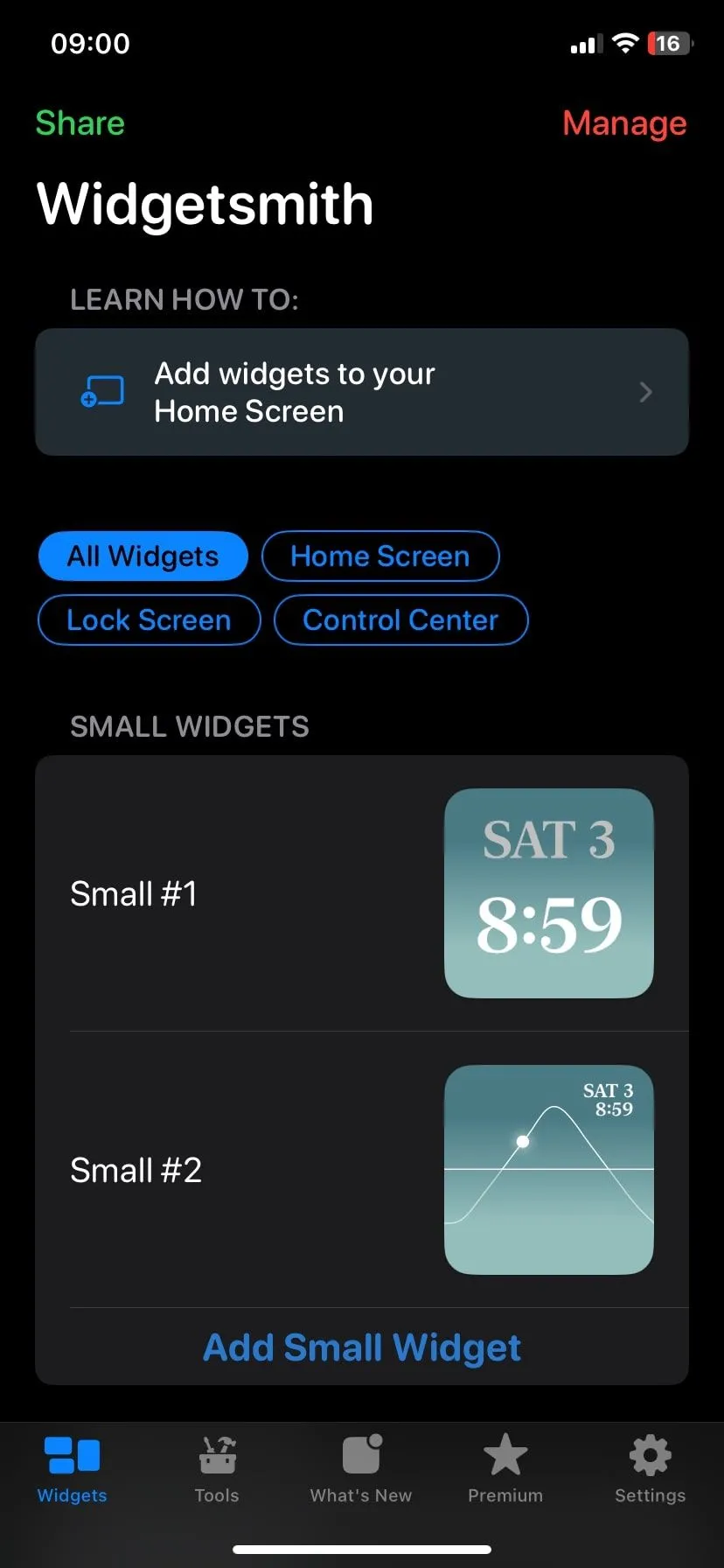 Giao diện chính ứng dụng Widgetsmith trên iPhone