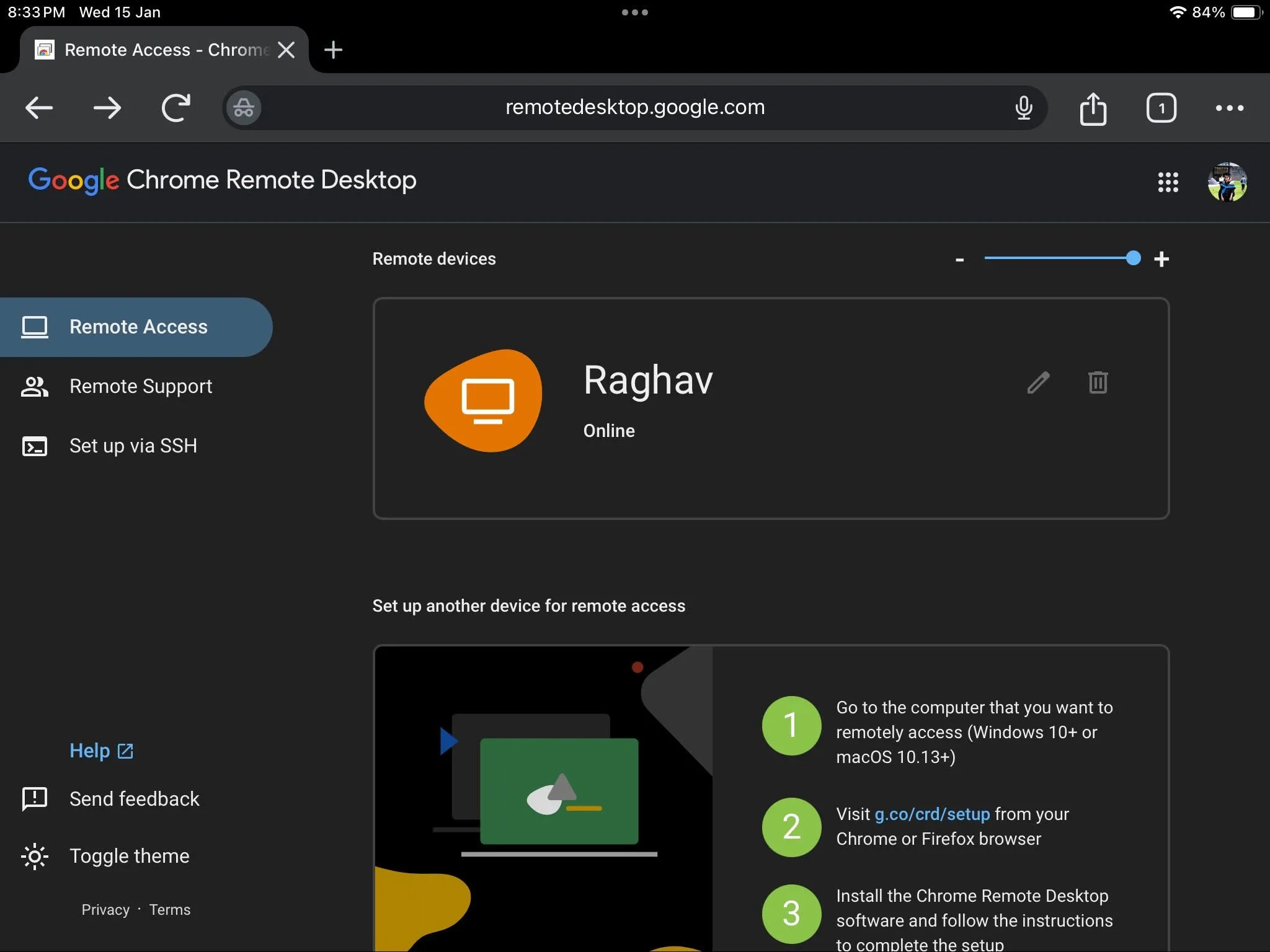 Giao diện Chrome Remote Desktop trên iPad hiển thị danh sách các máy tính đã cài đặt sẵn sàng để truy cập từ xa