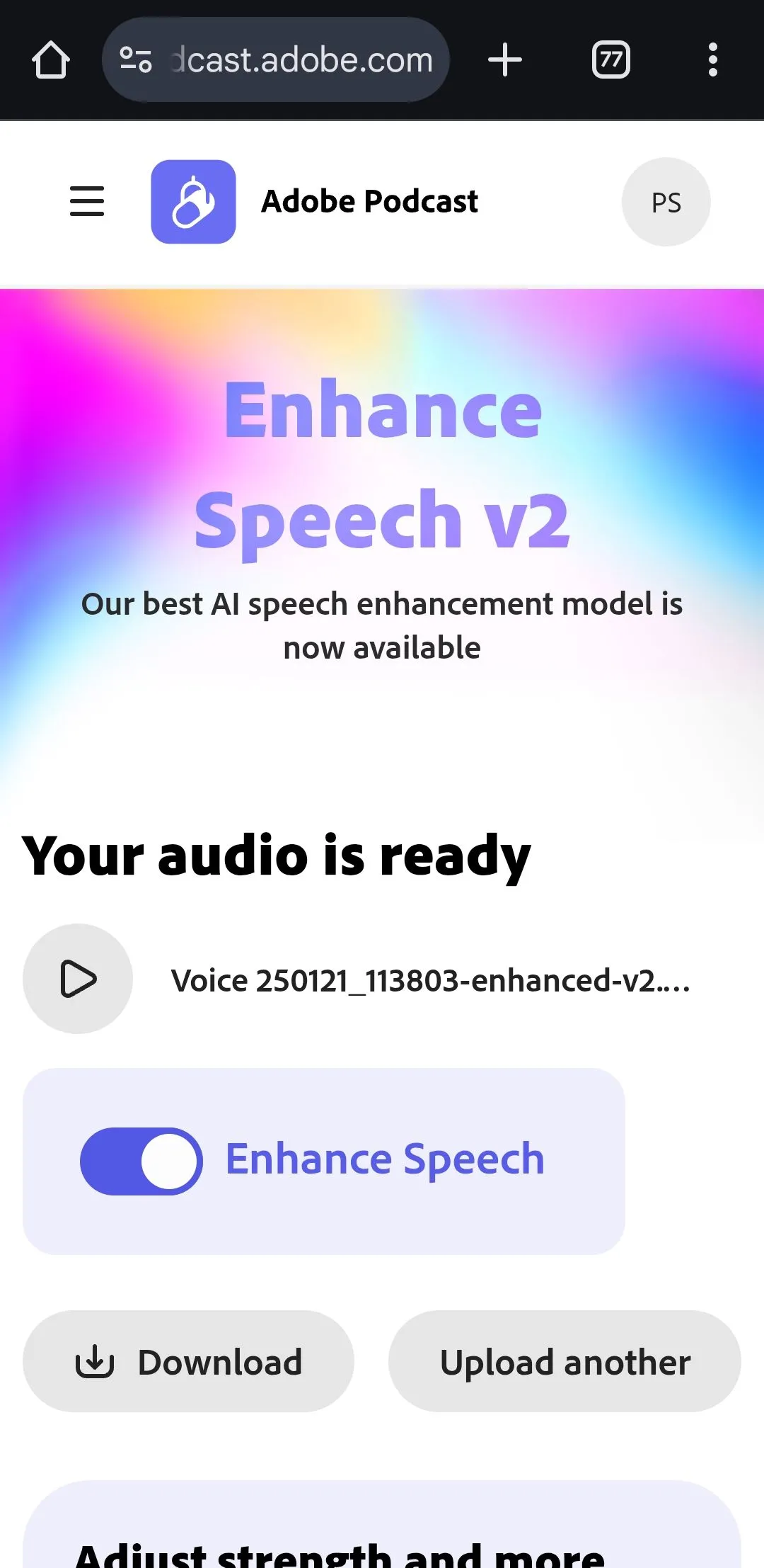 Giao diện công cụ Adobe Enhance Speech giúp loại bỏ tạp âm từ file ghi âm