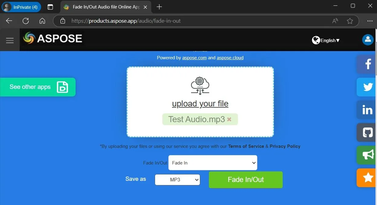 Giao diện công cụ Aspose giúp thêm hiệu ứng fade in và fade out cho file âm thanh online.
