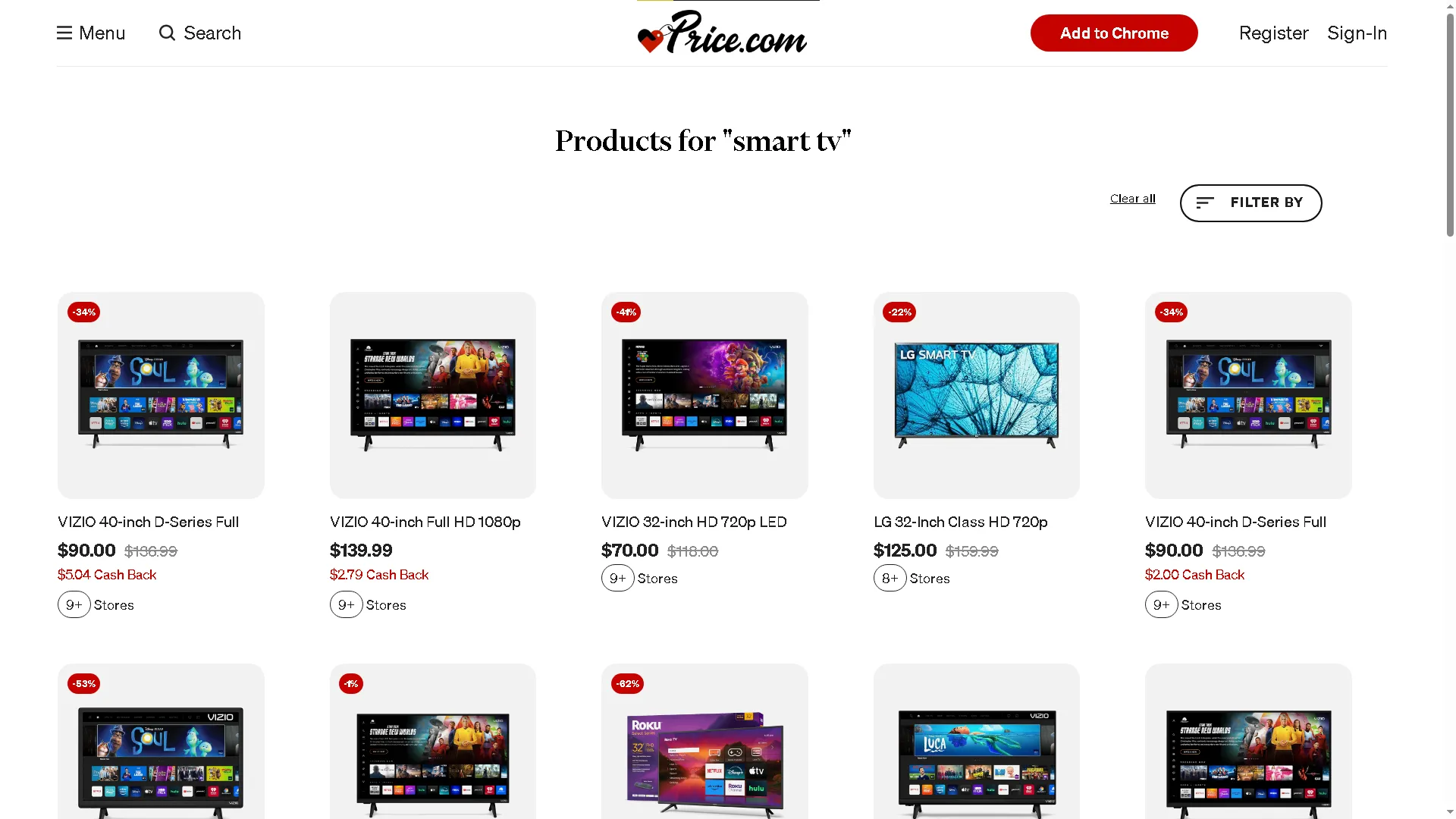 Giao diện công cụ so sánh giá khi tìm mua smart TV