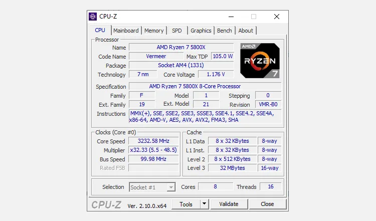 Giao diện CPU-Z hiển thị tốc độ xung nhịp, hệ số nhân và tần số Bus của CPU Intel Core i5-10600K