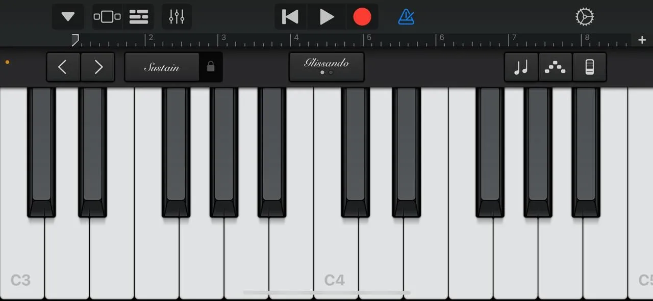 Giao diện đàn piano ảo trong ứng dụng GarageBand trên iPhone, hiển thị các phím đàn và tùy chọn điều khiển âm thanh.