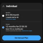 Giao diện đăng ký YouTube Premium với tùy chọn gói hàng năm để tiết kiệm chi phí