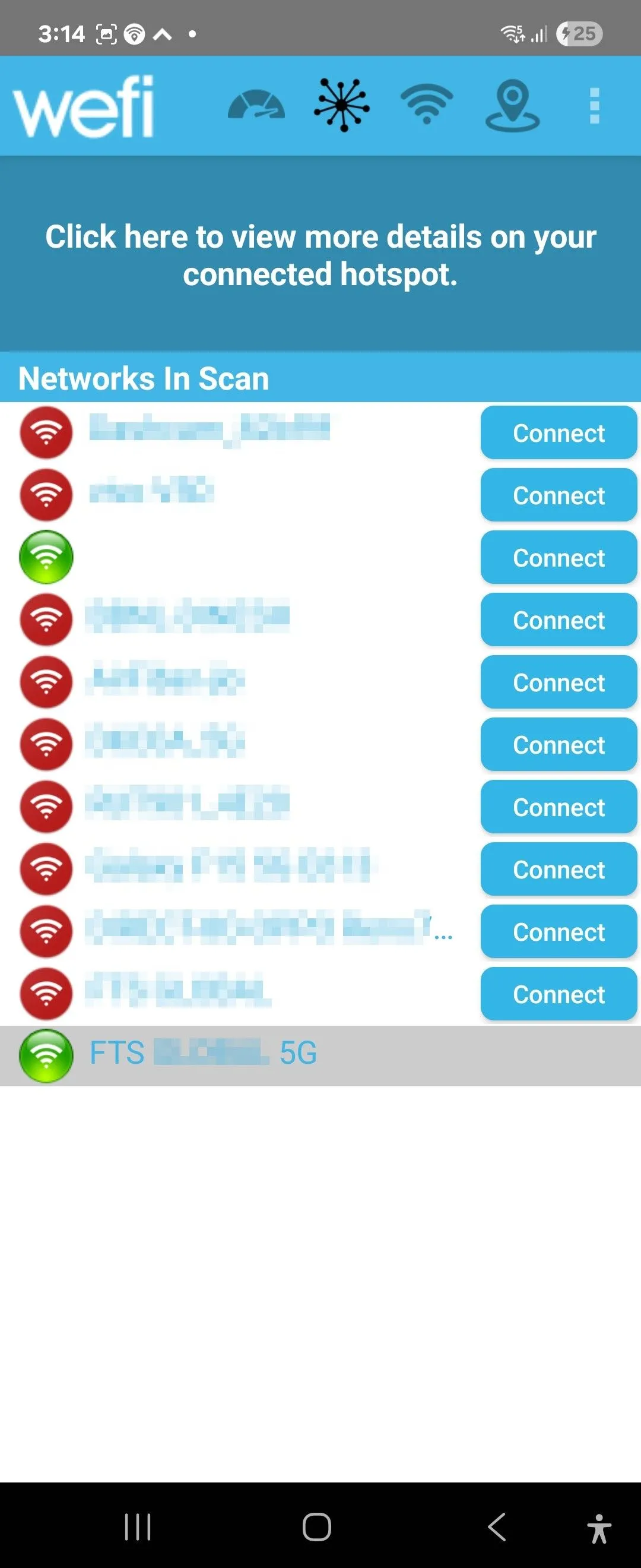 Giao diện danh sách các điểm truy cập Wi-Fi WeFi trên điện thoại Android, hiển thị các mạng có sẵn.