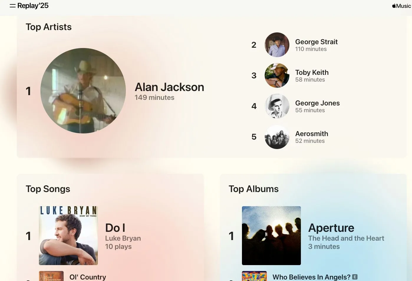 Giao diện danh sách phát Replay hàng tháng của Apple Music hiển thị các bài hát được nghe nhiều nhất.