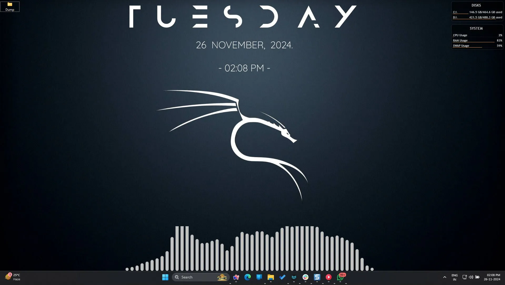 Giao diện desktop Windows 11 được cá nhân hóa ấn tượng bằng Rainmeter, với đồng hồ kỹ thuật số và bộ hình ảnh âm thanh (audio visualizer) độc đáo.