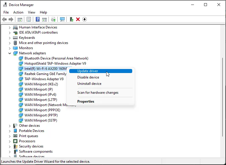 Giao diện Device Manager trên Windows 11 hiển thị tùy chọn "Update driver" cho bộ điều hợp Wi-Fi Intel AX200
