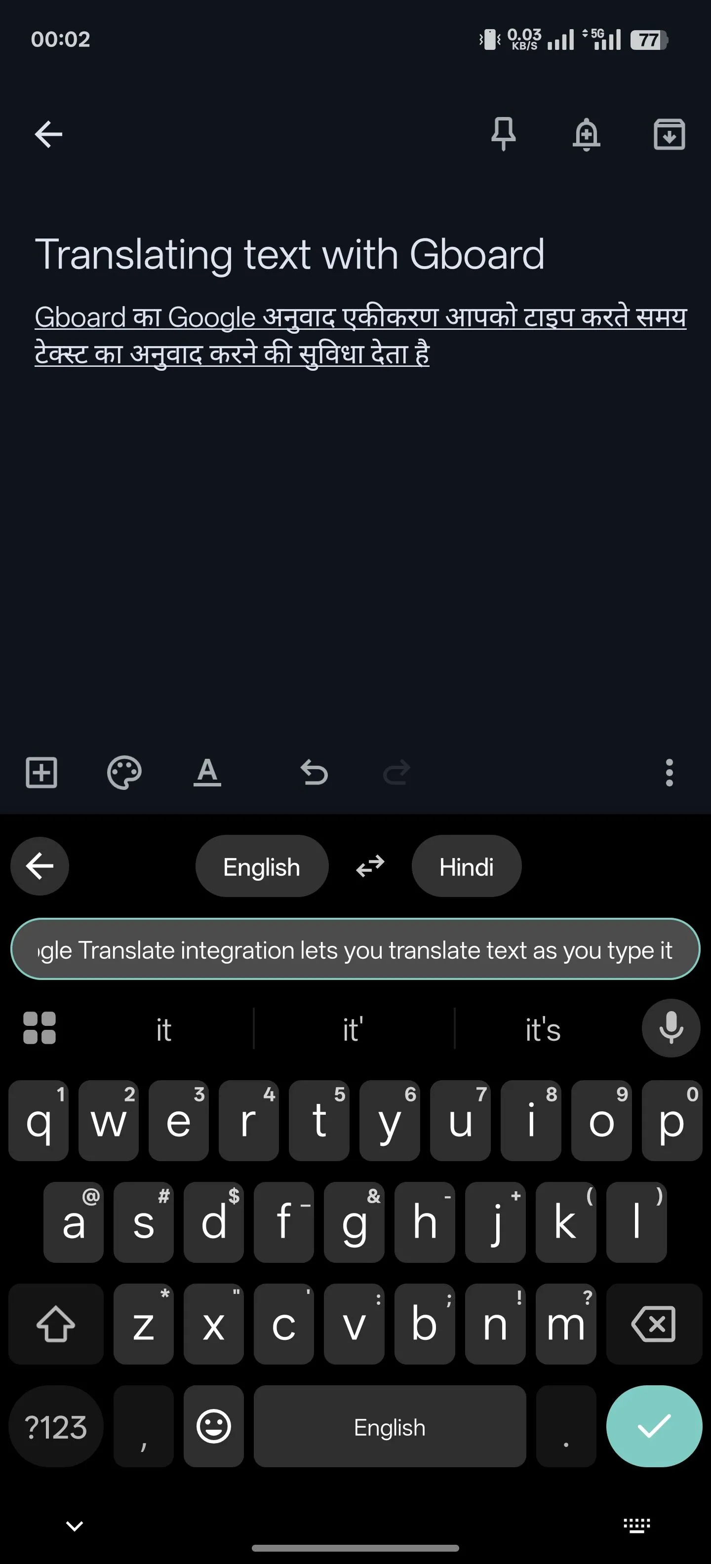 Giao diện dịch văn bản trực tiếp trên Gboard, giúp bạn dịch nhanh khi đang gõ