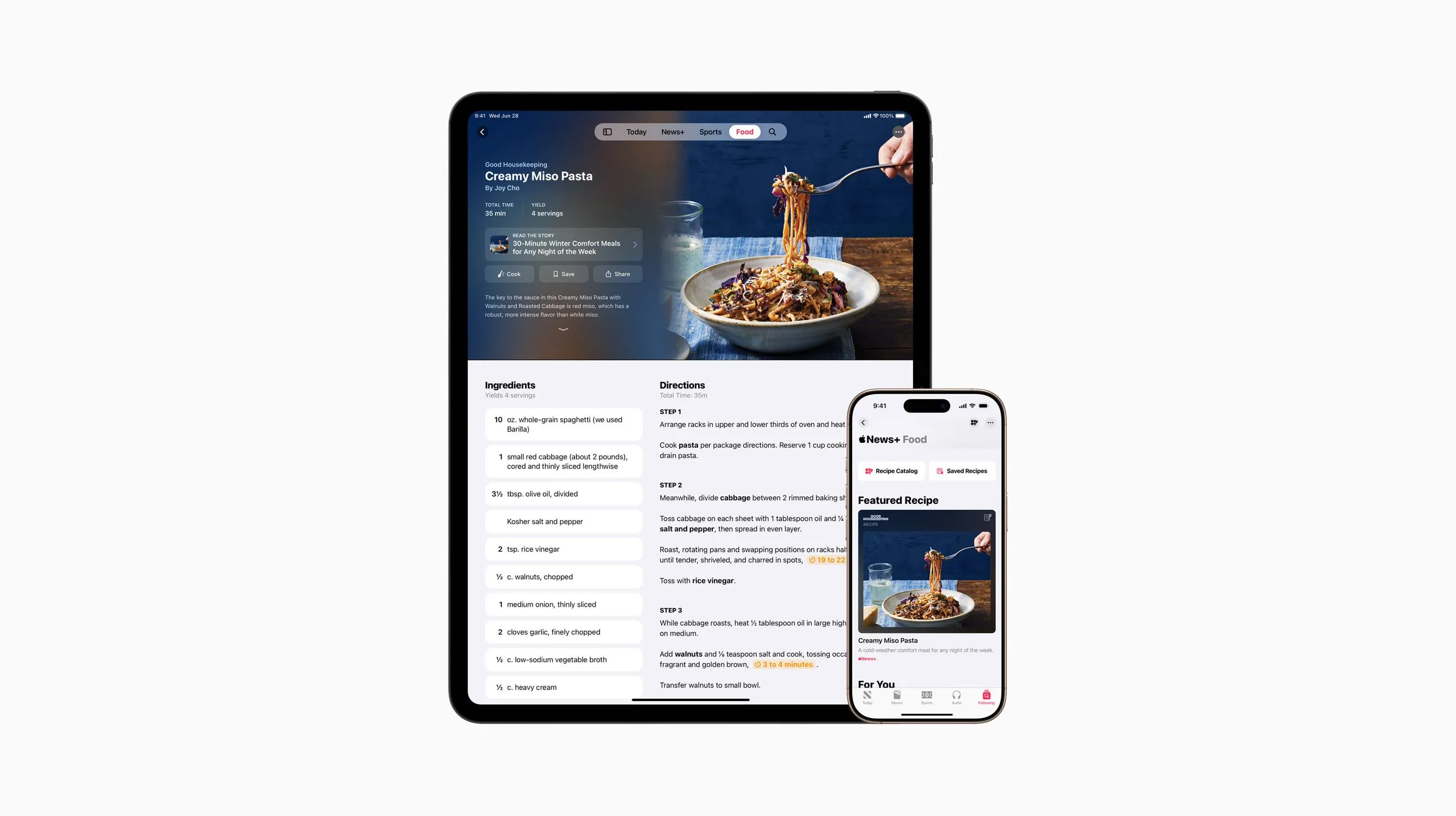 Giao diện dịch vụ Apple News+ Food hiển thị trên iPhone và iPad với nhiều công thức nấu ăn
