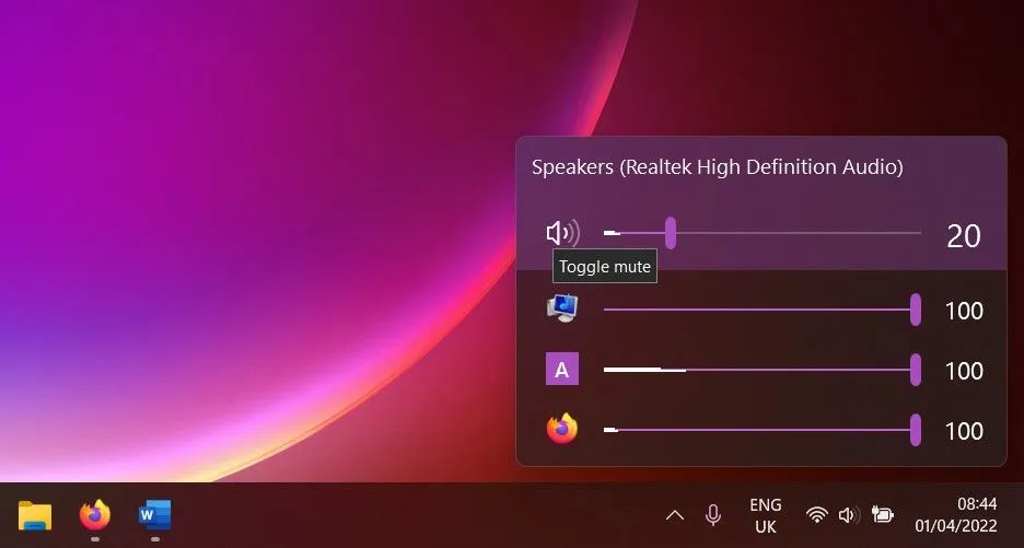 Giao diện điều khiển âm lượng ứng dụng EarTrumpet trên Windows 11
