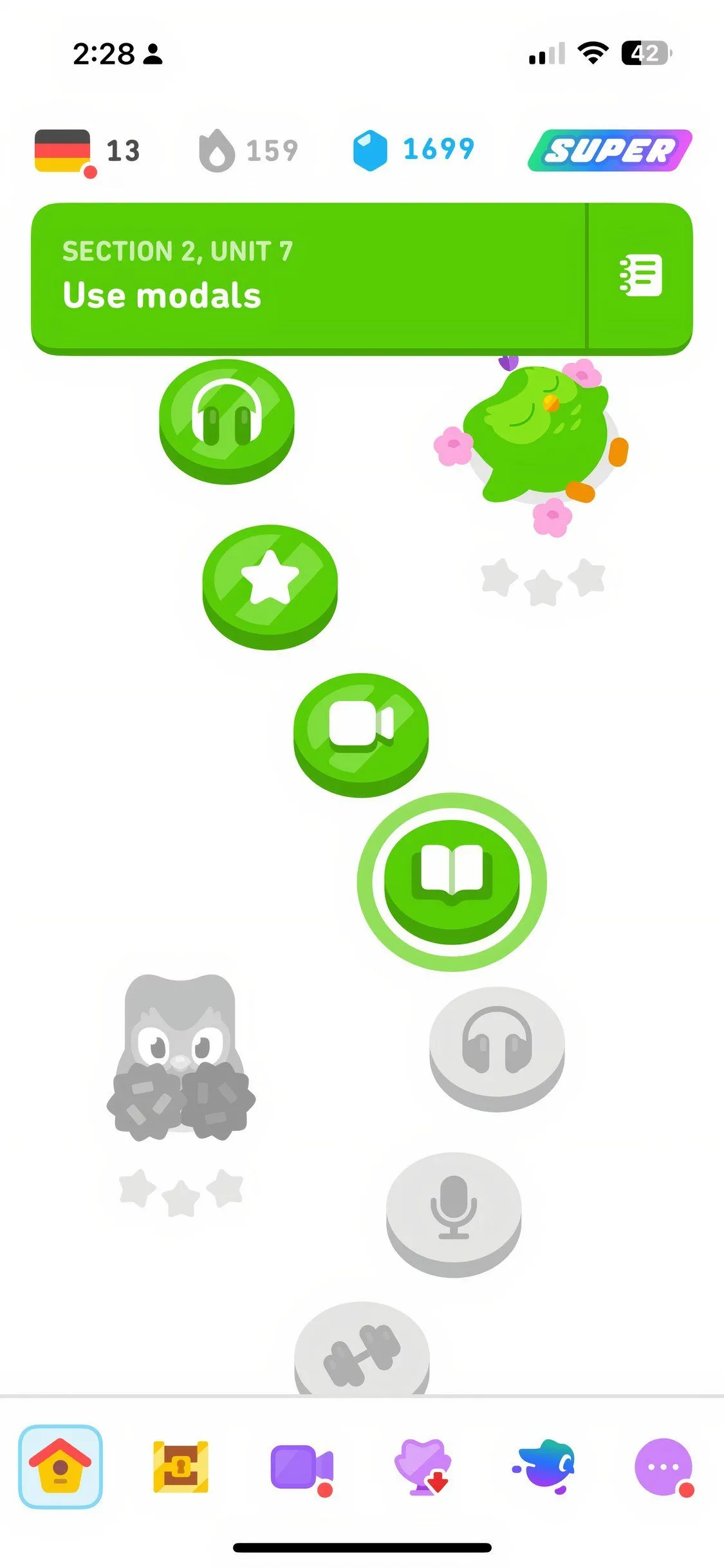 Giao diện Duolingo với game học ngôn ngữ tương tác