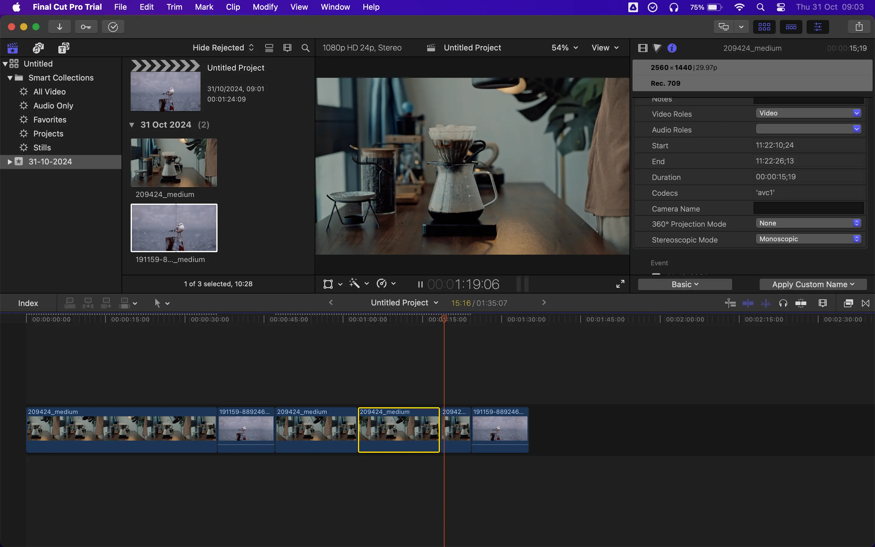 Giao diện Final Cut Pro trên Mac với các công cụ chỉnh sửa video chuyên nghiệp, hiển thị timeline và cửa sổ xem trước.