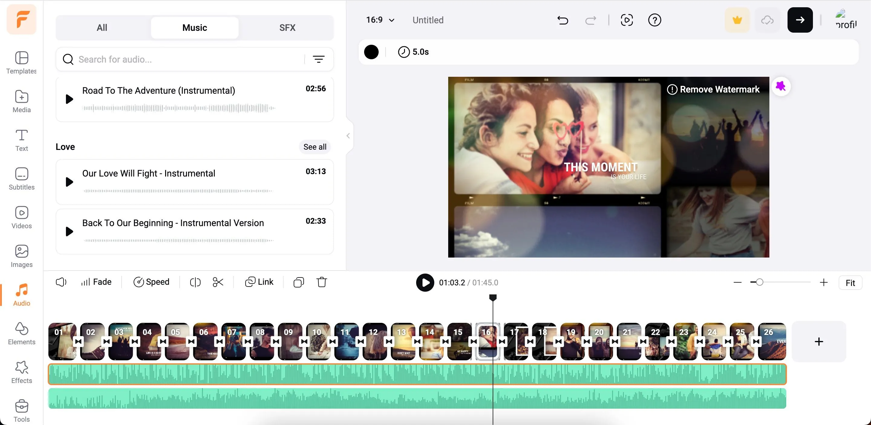 Giao diện FlexClip trình bày cách chọn và thêm nhạc nền từ thư viện âm thanh vào timeline video.