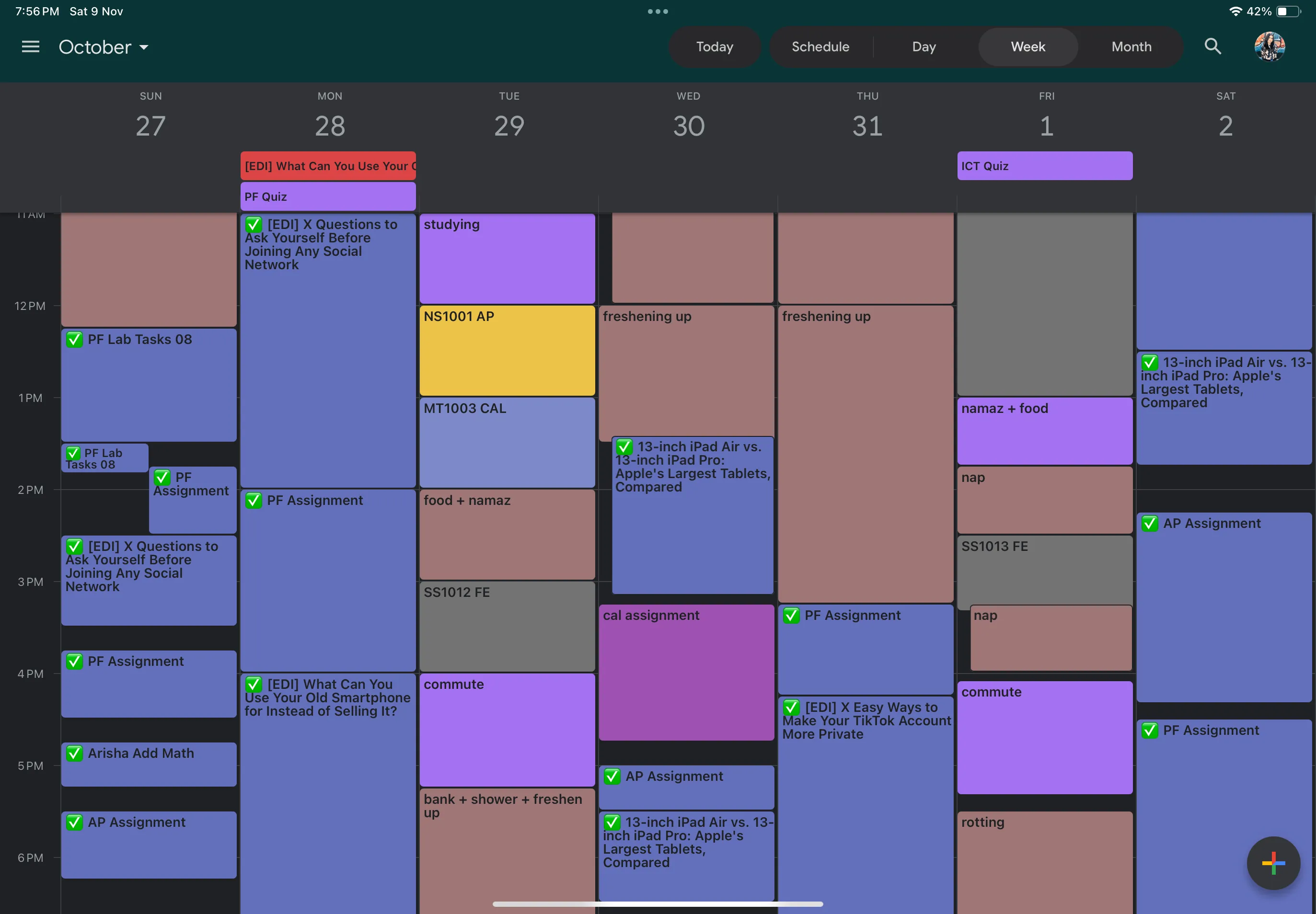 Giao diện Google Calendar hiển thị lịch trình tuần làm việc và học tập chi tiết