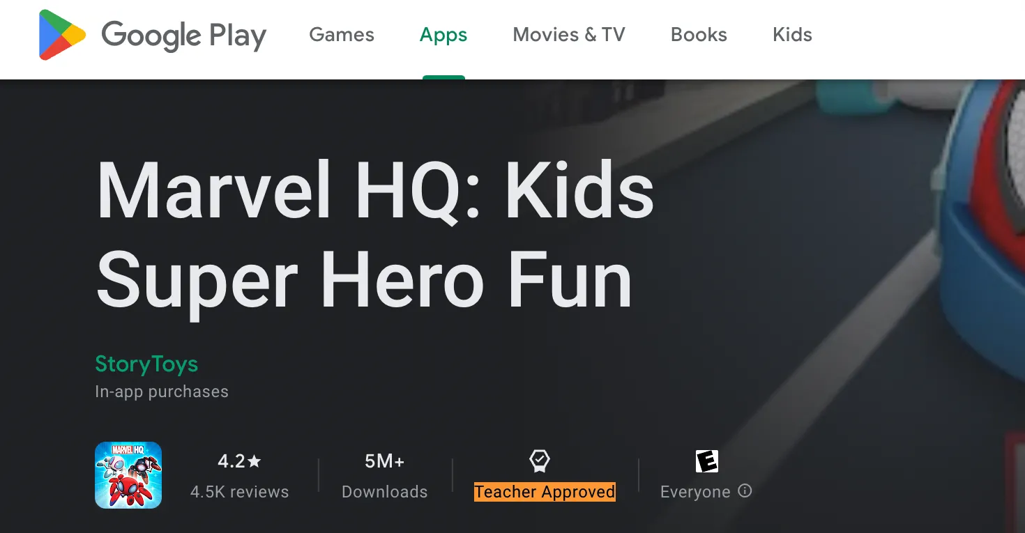 Giao diện Google Play Store hiển thị ứng dụng Marvel dành cho trẻ em, minh họa các ứng dụng được phê duyệt cho Galaxy Watch.