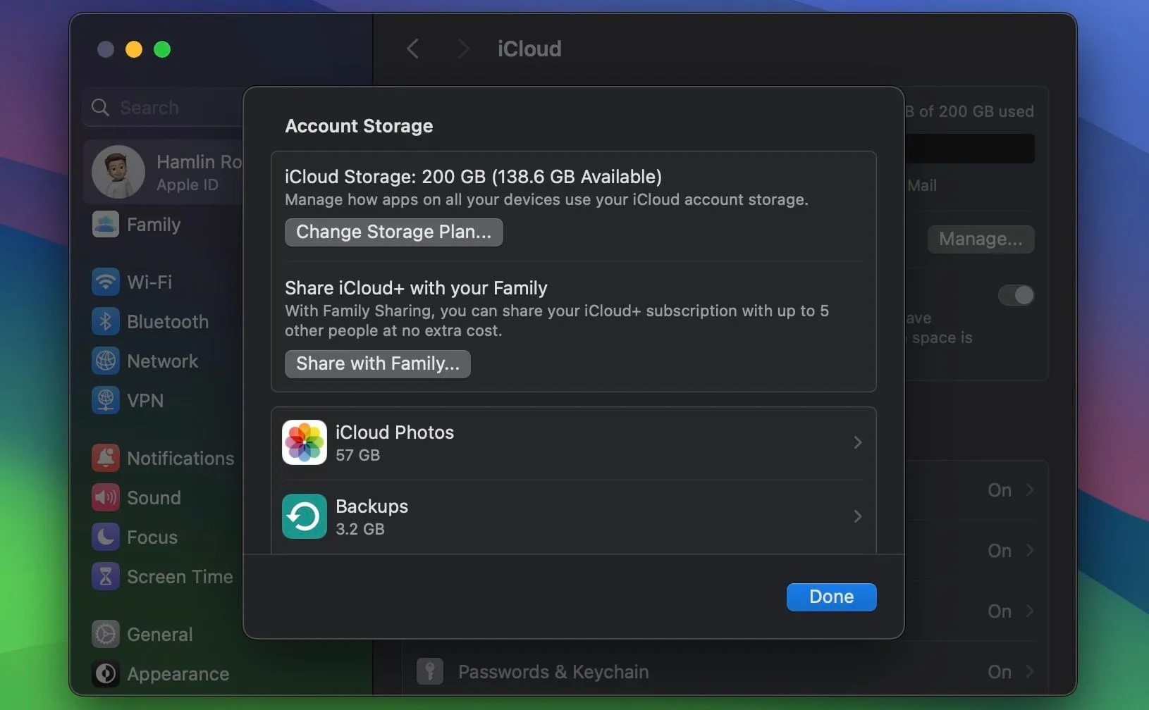 Giao diện hiển thị dung lượng lưu trữ iCloud trên macOS, cho thấy phân bổ các loại dữ liệu