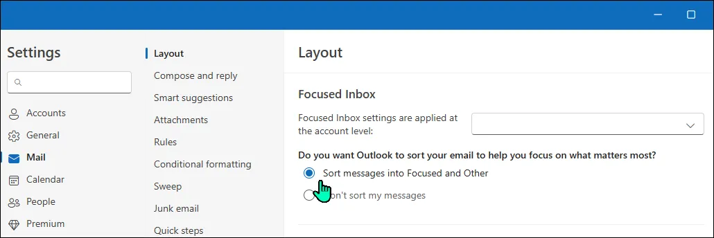 Giao diện Hộp thư đến ưu tiên (Focused Inbox) đã được kích hoạt trong ứng dụng Outlook dành cho Windows.