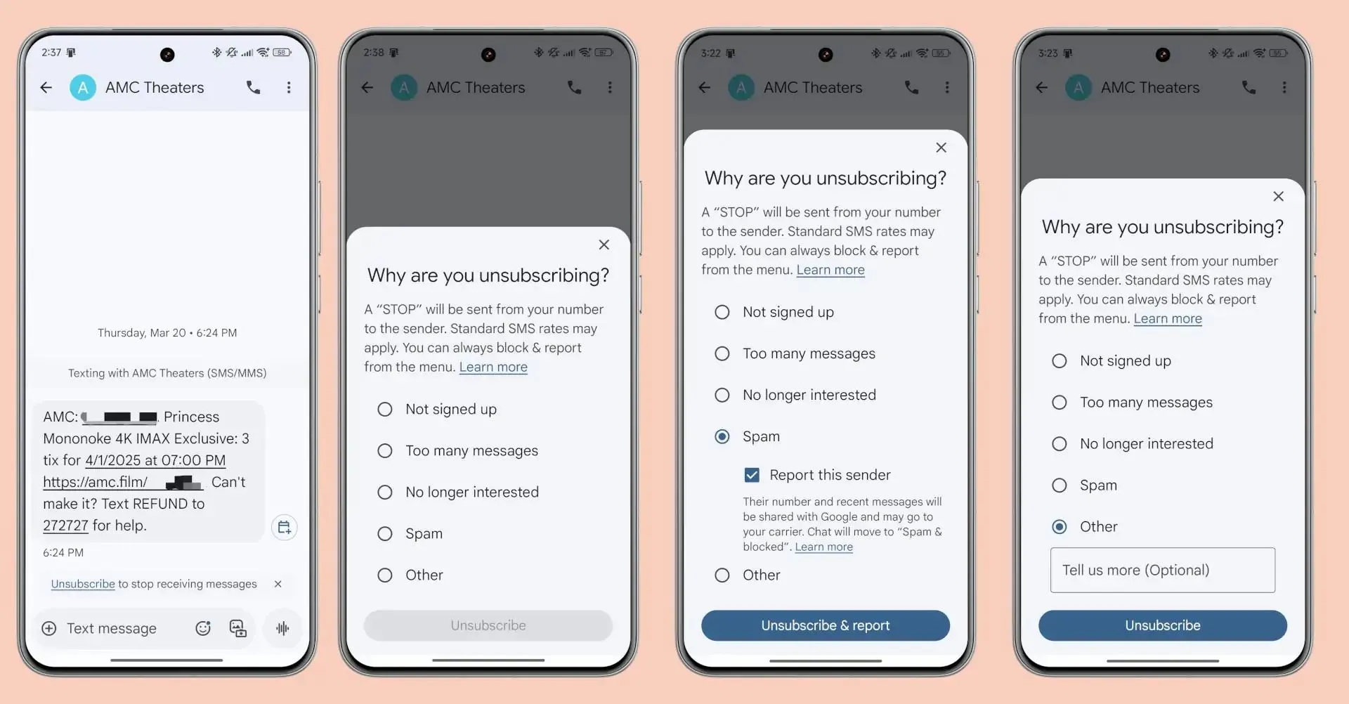 Giao diện hủy đăng ký tin nhắn tự động trong Google Messages