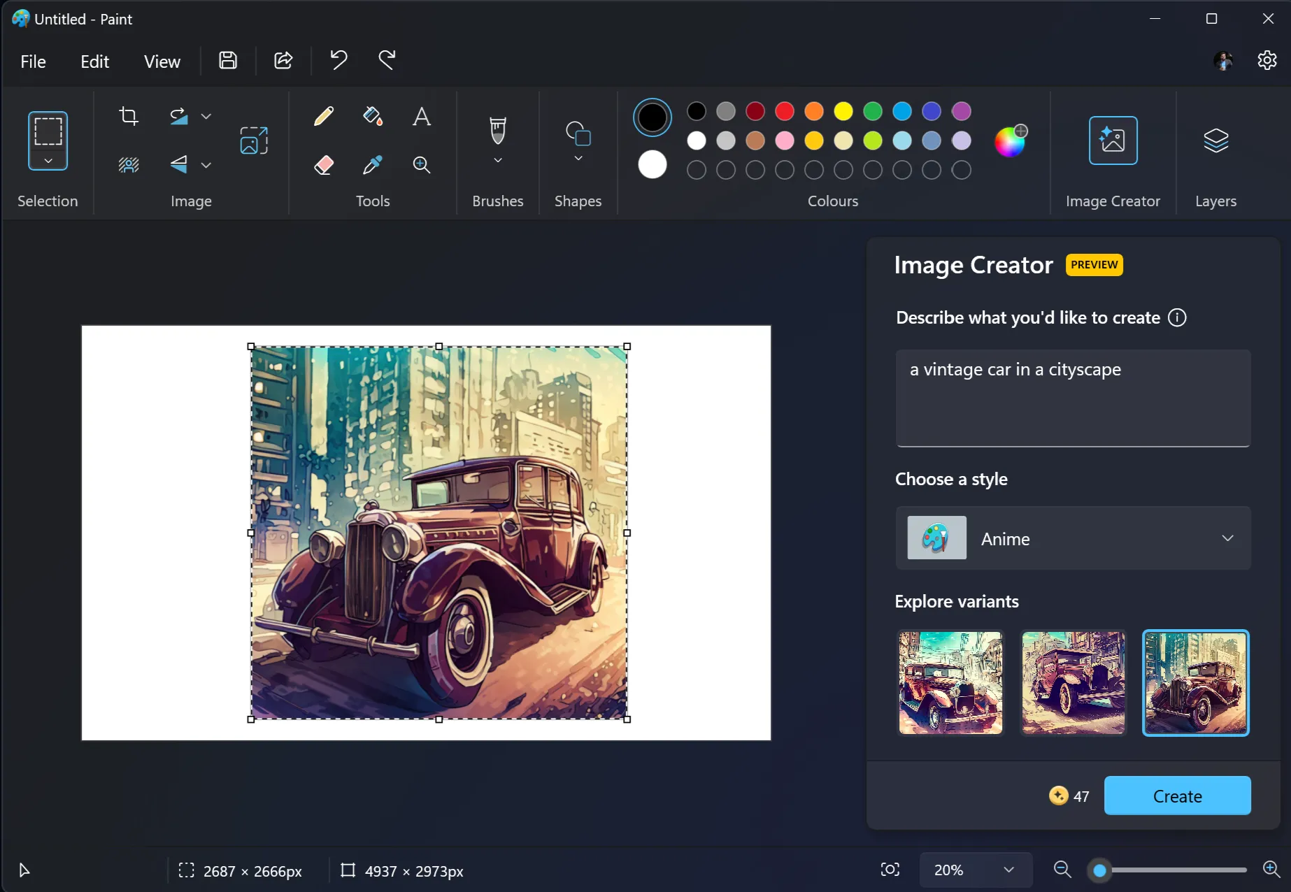 Giao diện Image Creator trong Microsoft Paint cho phép tạo ảnh bằng AI từ mô tả văn bản trên Windows 11