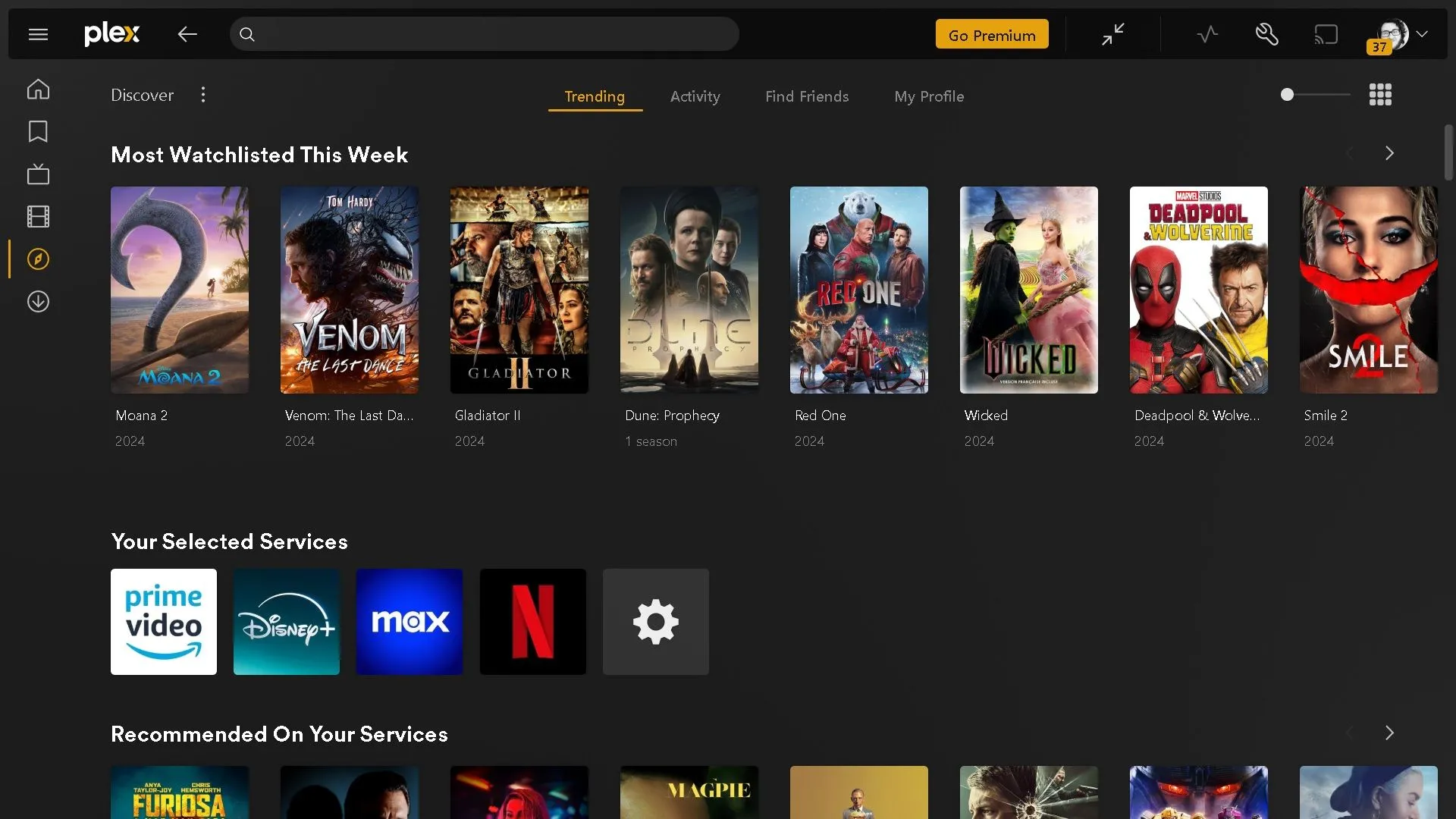 Giao diện khám phá phim và chương trình TV trên Plex, minh họa tính năng phát lại từ xa.