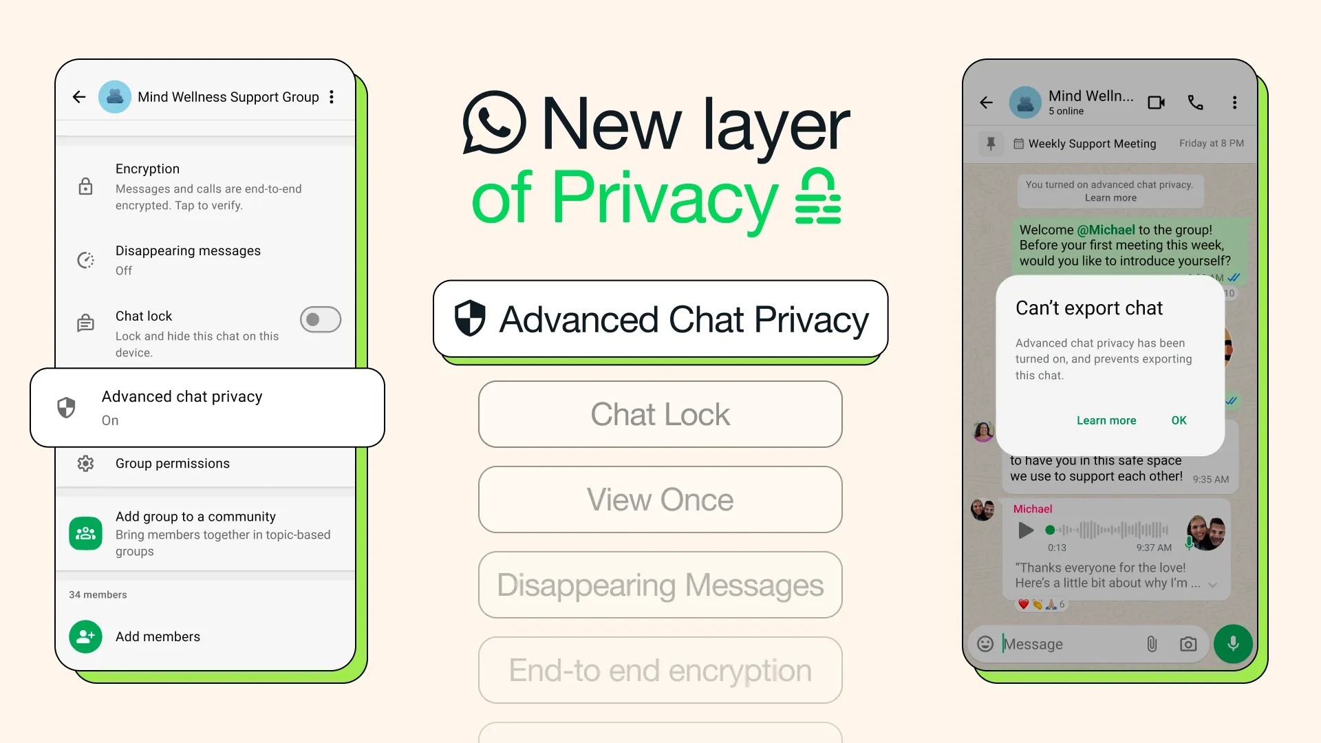 Giao diện kích hoạt tính năng Quyền riêng tư trò chuyện nâng cao (Advanced Chat Privacy) trên WhatsApp, minh họa cách bảo vệ tin nhắn cá nhân.