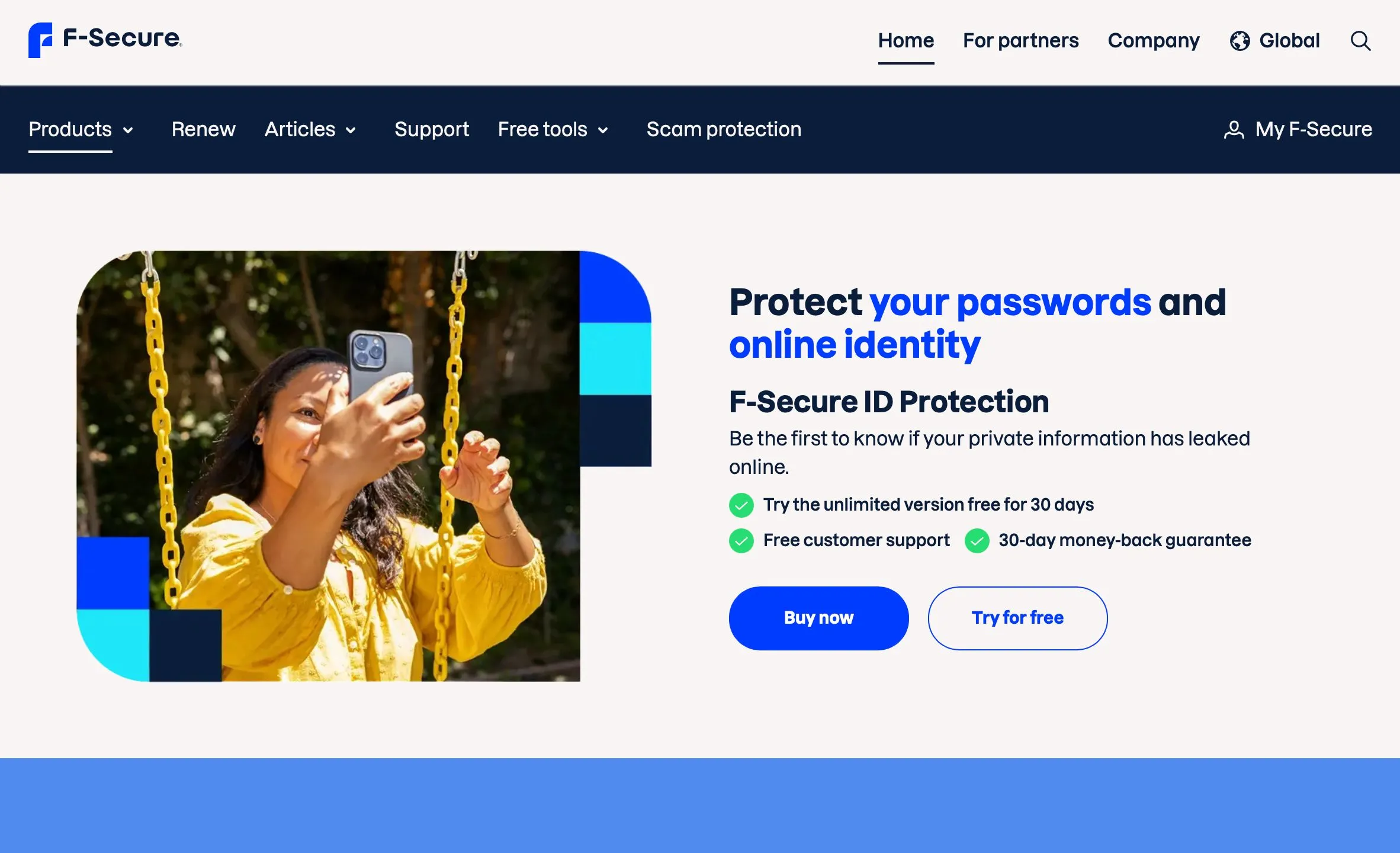 Giao diện màn hình chính của dịch vụ giám sát danh tính F-Secure ID Protection, hiển thị các tính năng chính