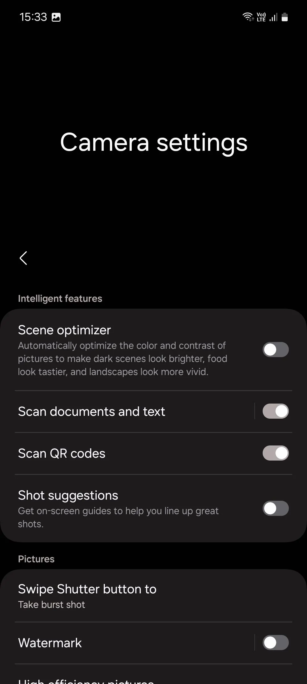Giao diện menu cài đặt camera trên điện thoại Samsung với các tùy chọn chụp
