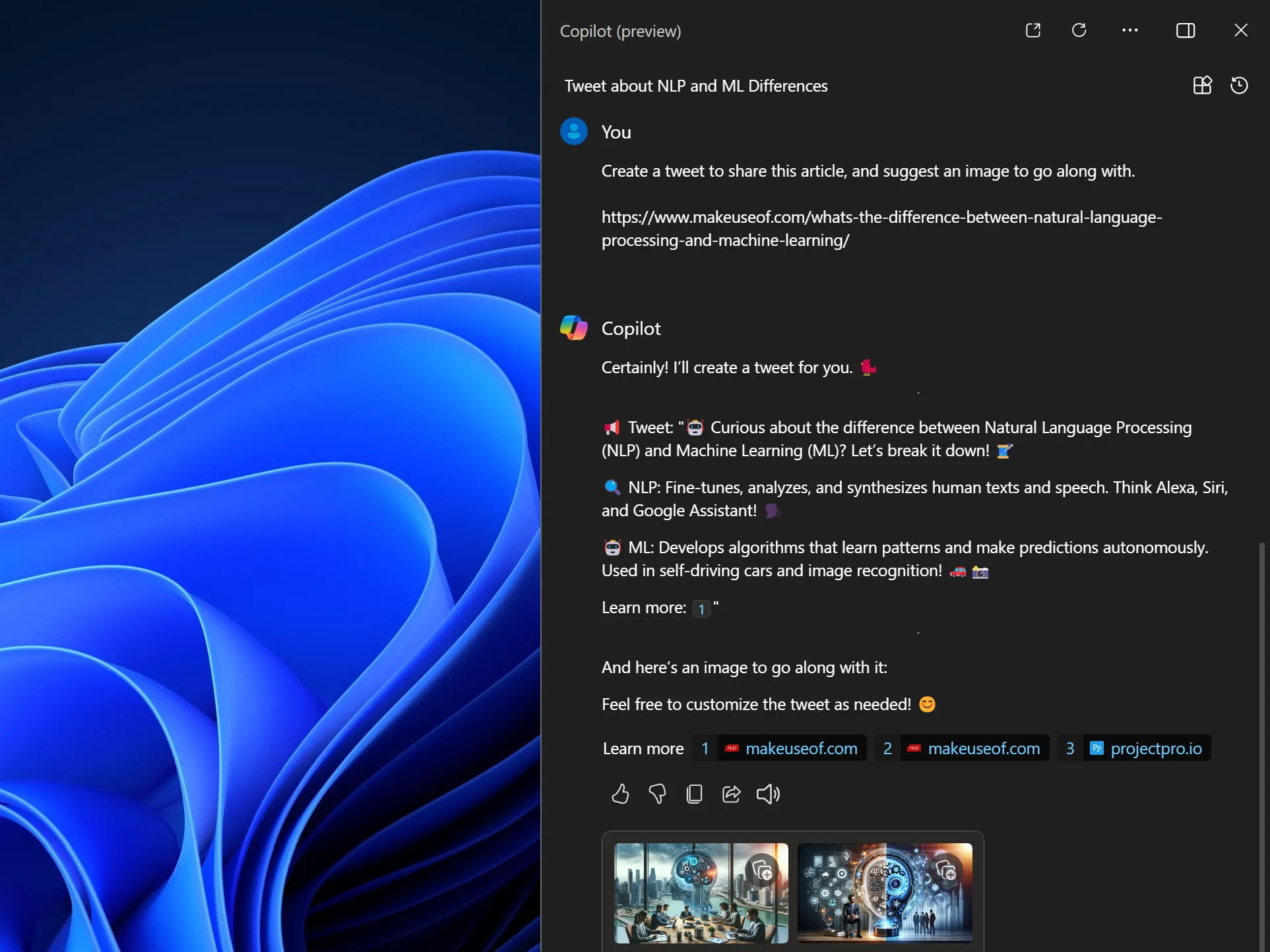 Giao diện Microsoft Copilot đang hỗ trợ tạo nội dung và hình ảnh AI trên Windows 11