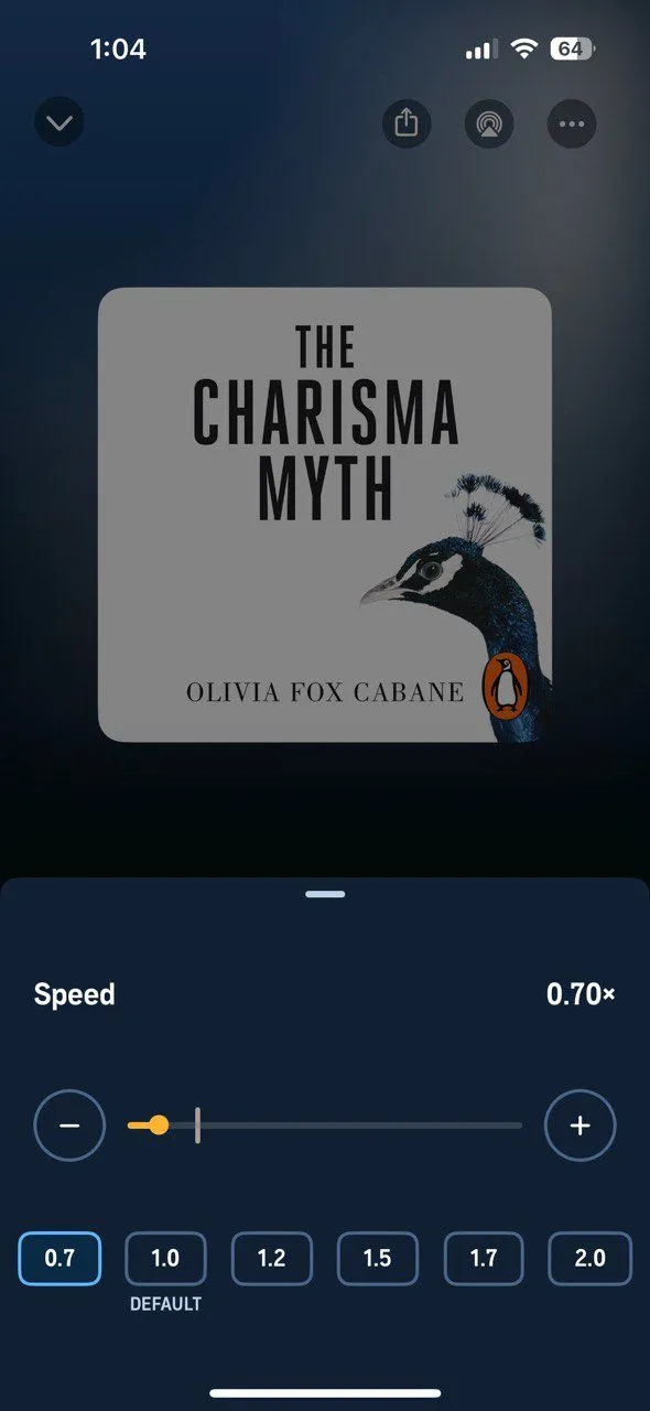 Giao diện một ứng dụng nghe audiobook hiển thị thanh điều khiển tốc độ phát lại, cho phép người dùng tùy chỉnh tốc độ từ chậm (0.75x) đến nhanh (2x) để tối ưu việc tiếp thu nội dung, đặc biệt là các ý chính.