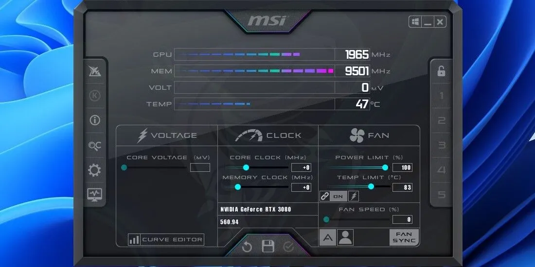 Giao diện MSI Afterburner hiển thị Core Clock và Memory Clock ở mức +0, cho thấy GPU không bị ép xung thủ công