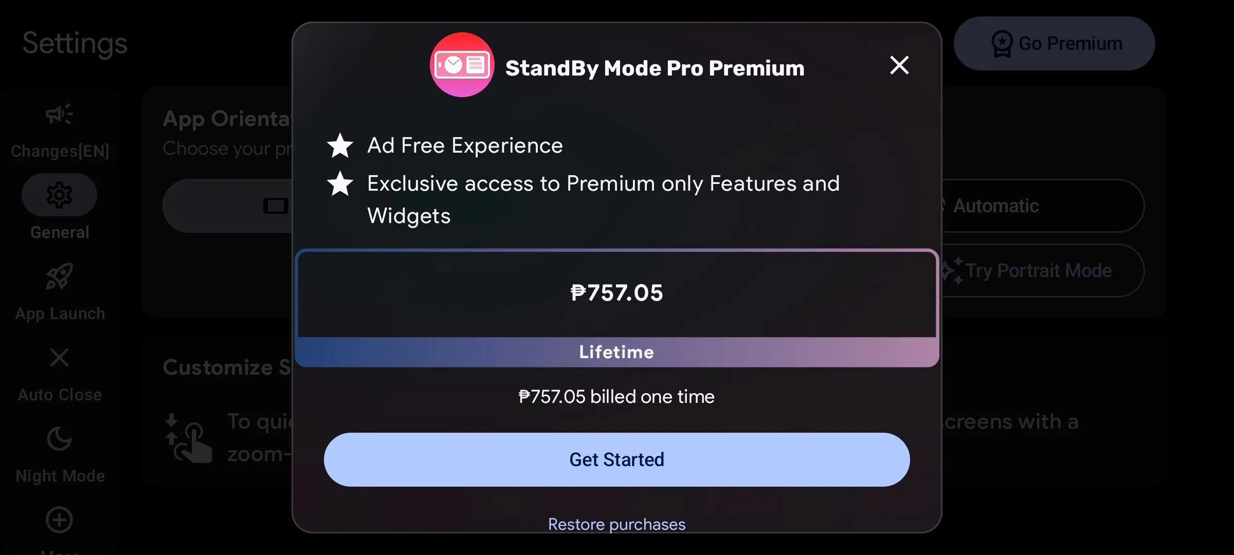 Giao diện nâng cấp StandBy Mode Pro lên bản Premium với thanh toán trọn đời